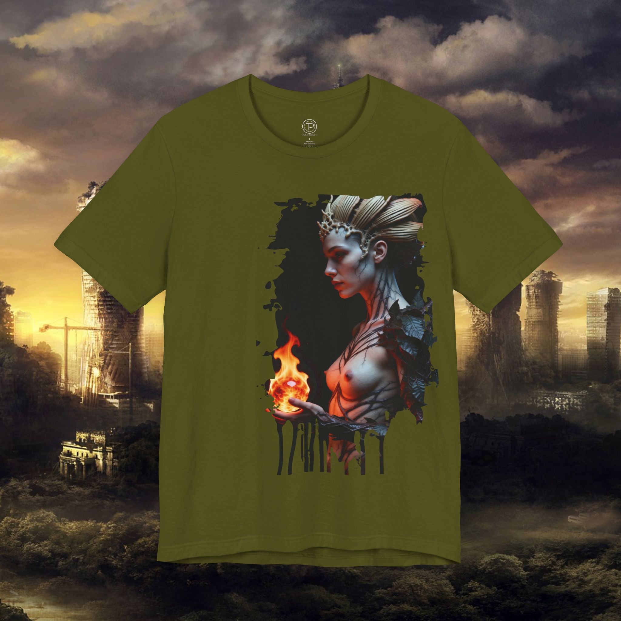 Mythic Fire Goddess T‑Shirt — Fantasy Portrait Tee with Flaming Orb - Alexia Ashford Side Face