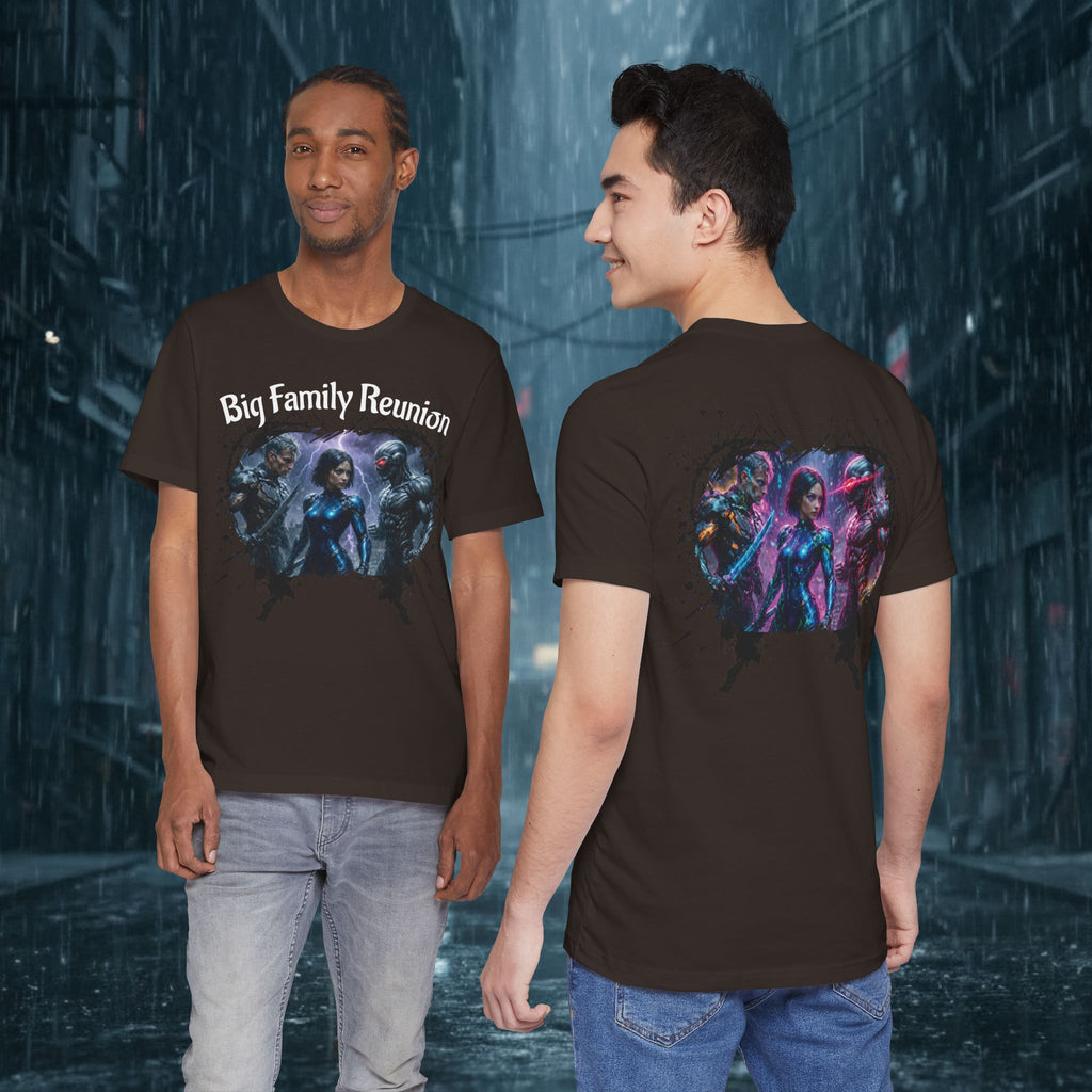 T-Shirt — "Big Family Reunion" Sci‑Fi Character Heart Graphic Tee - Battle Suits