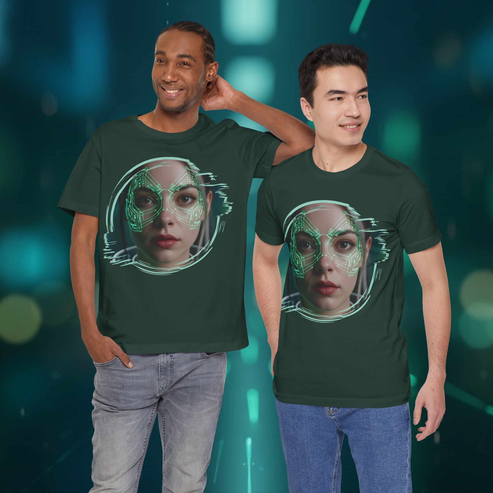 Cybernetic Portrait Tee — Futuristic Neon Circuit Face Graphic Shirt - Green Cyborg Woman