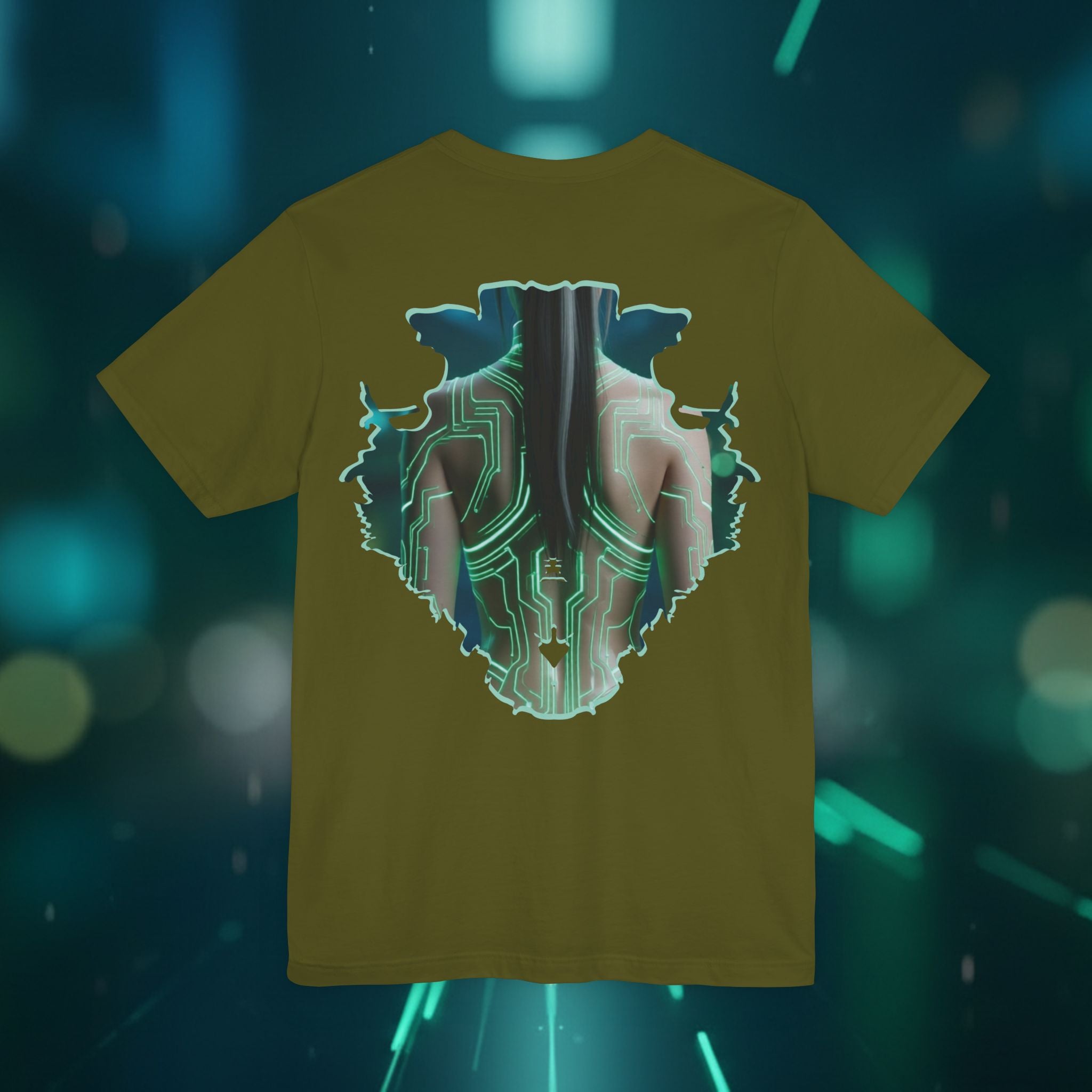 Cybernetic Portrait Tee — Futuristic Neon Circuit Face Graphic Shirt - Green Cyborg Woman