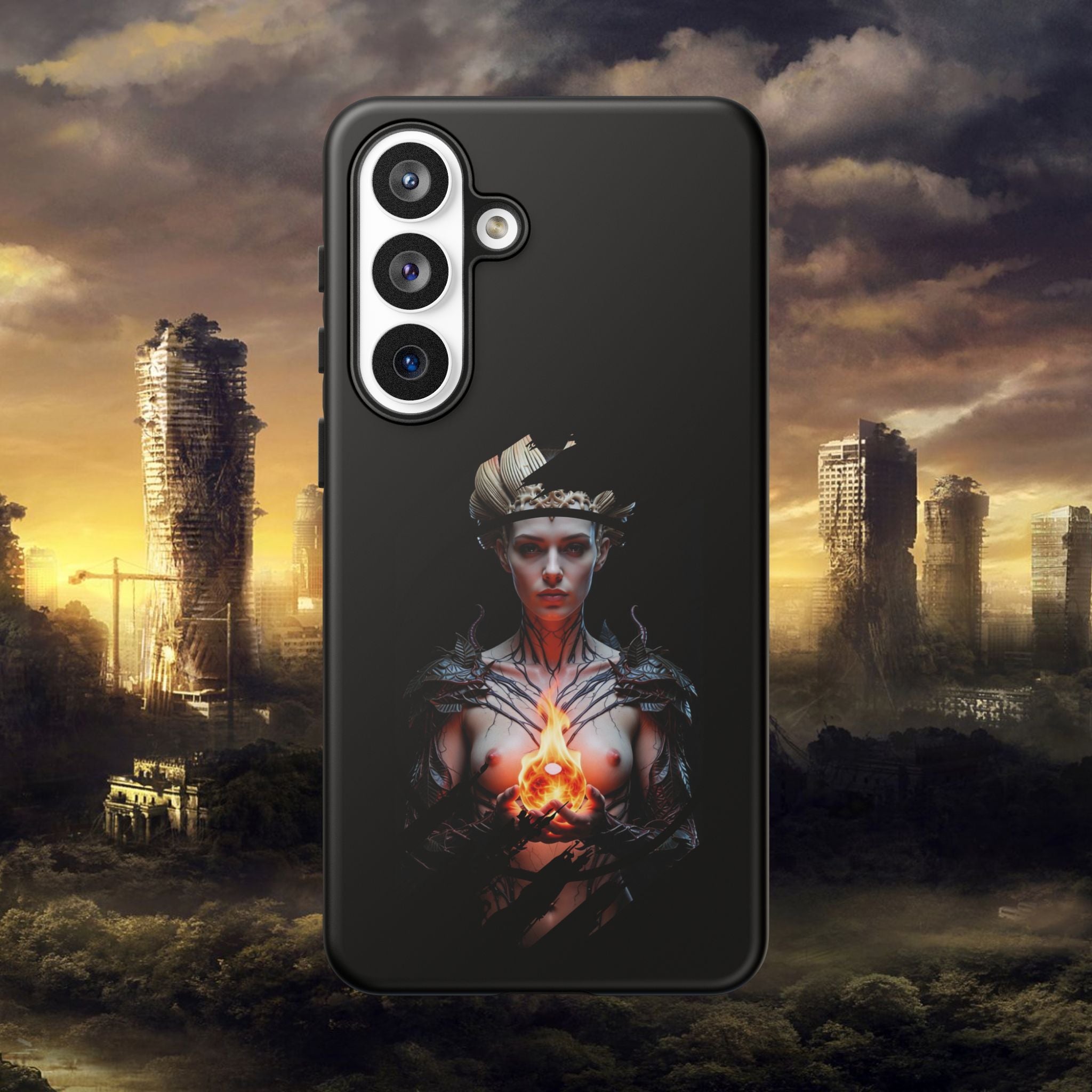 Fantasy Sorceress Phone Case — Dark Magic Mage with Fiery Orb Tough Case - Alexia Ashford
