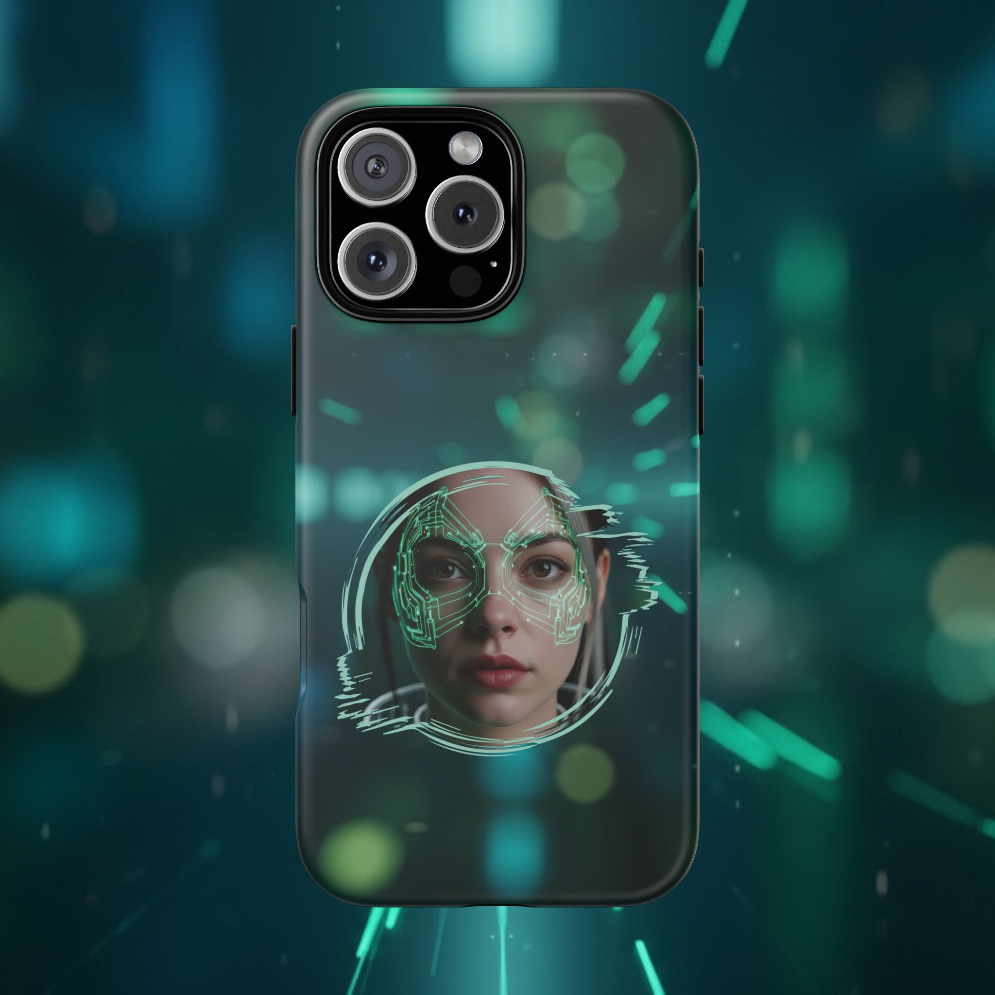 Cyberpunk Portrait Phone Case — Futuristic Neon Tech Face Design Tough Case - Green Cyborg Woman