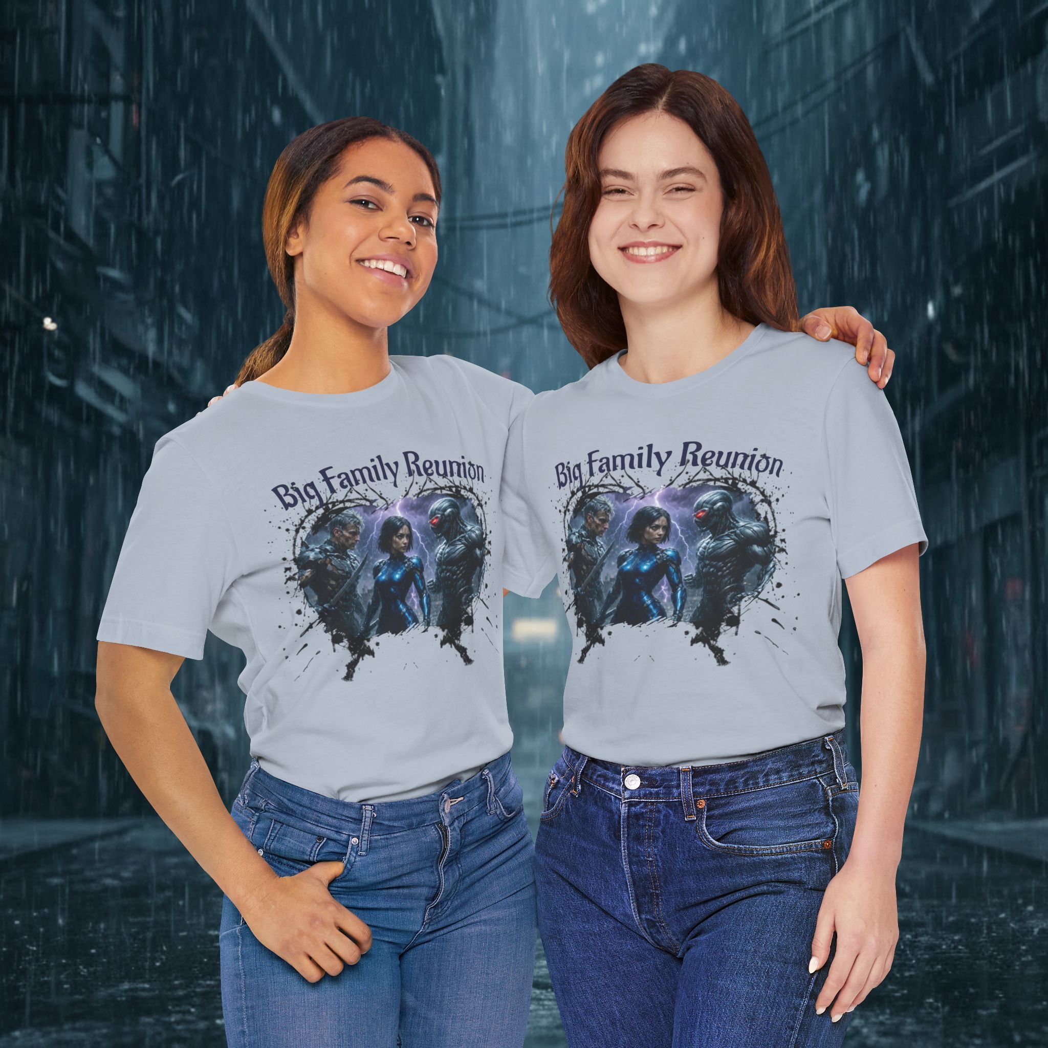 T-Shirt — "Big Family Reunion" Sci‑Fi Character Heart Graphic Tee - Battle Suits
