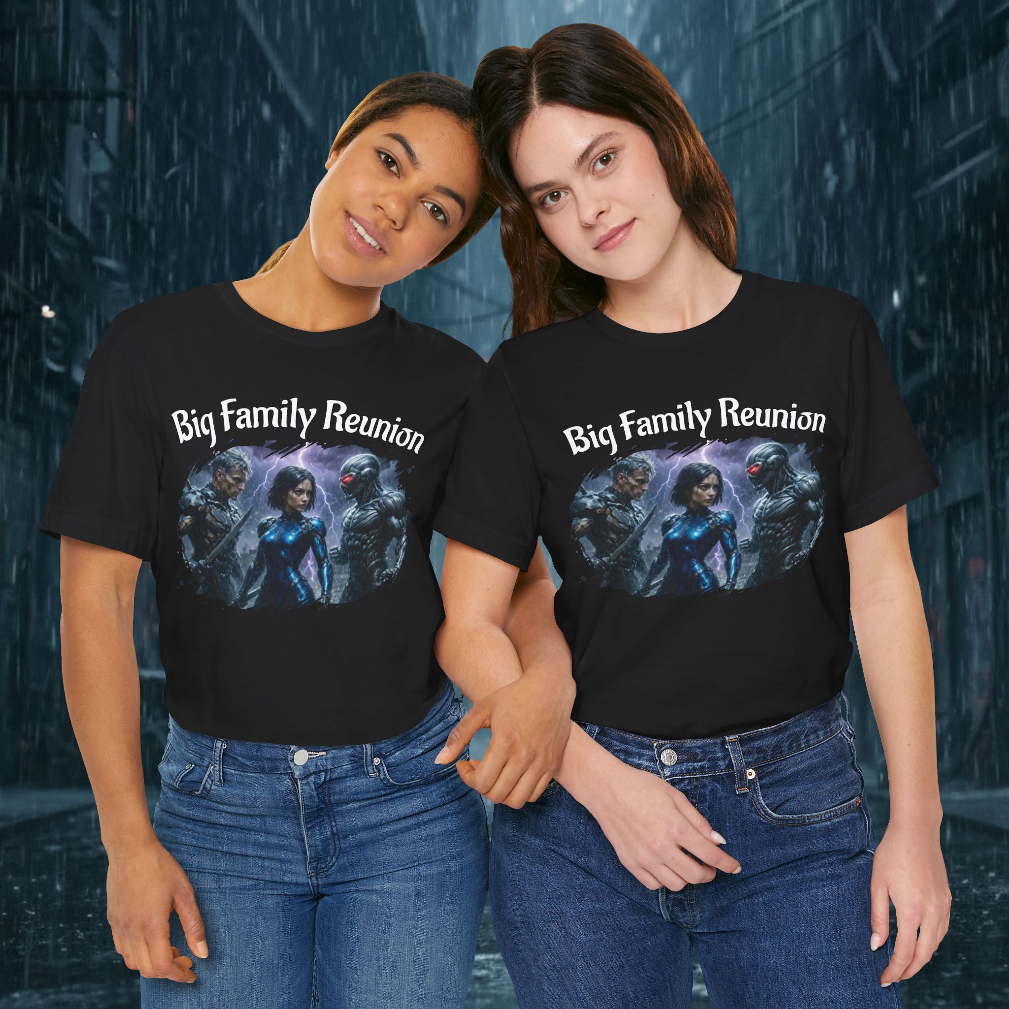 T-Shirt — "Big Family Reunion" Sci‑Fi Character Heart Graphic Tee - Battle Suits