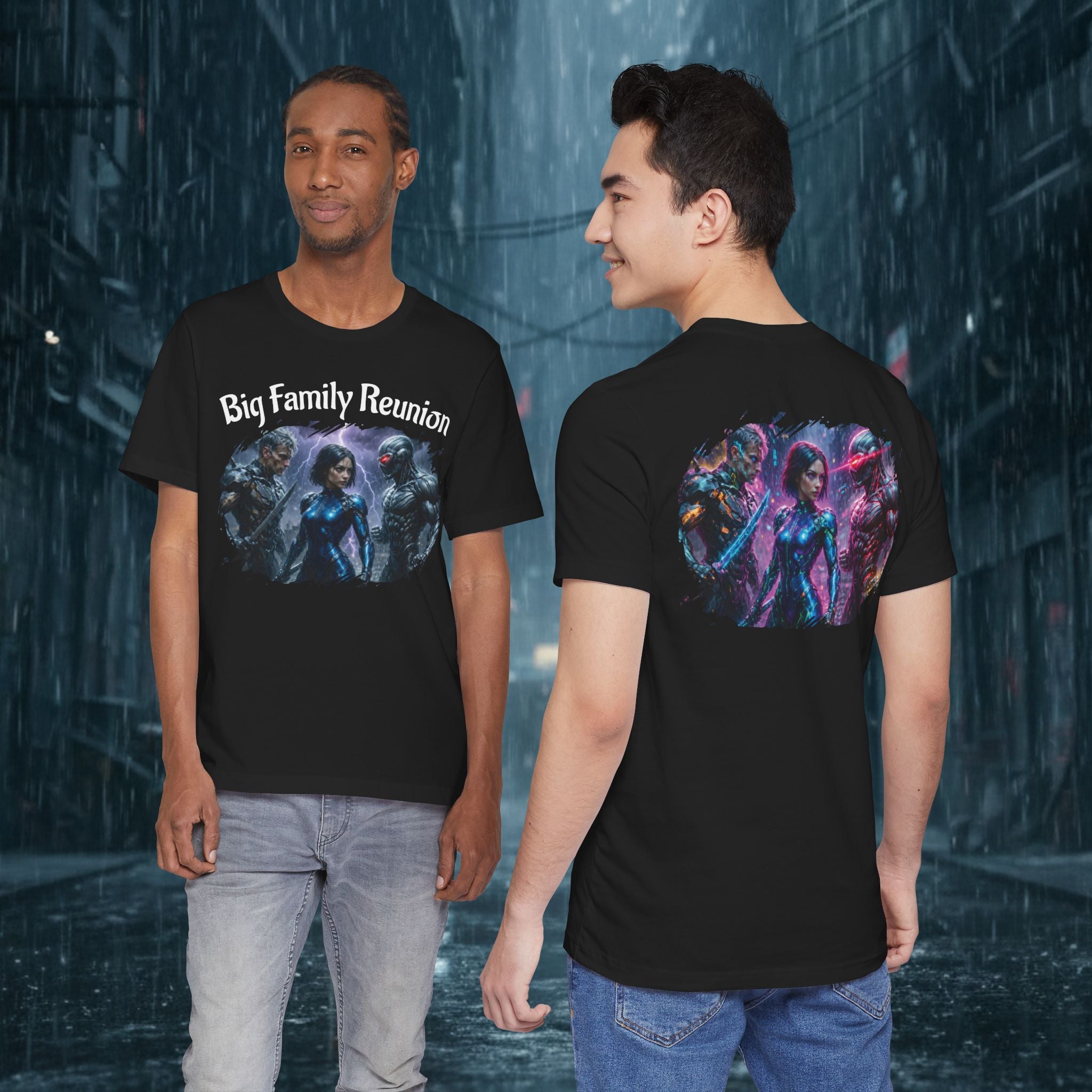 T-Shirt — "Big Family Reunion" Sci‑Fi Character Heart Graphic Tee - Battle Suits