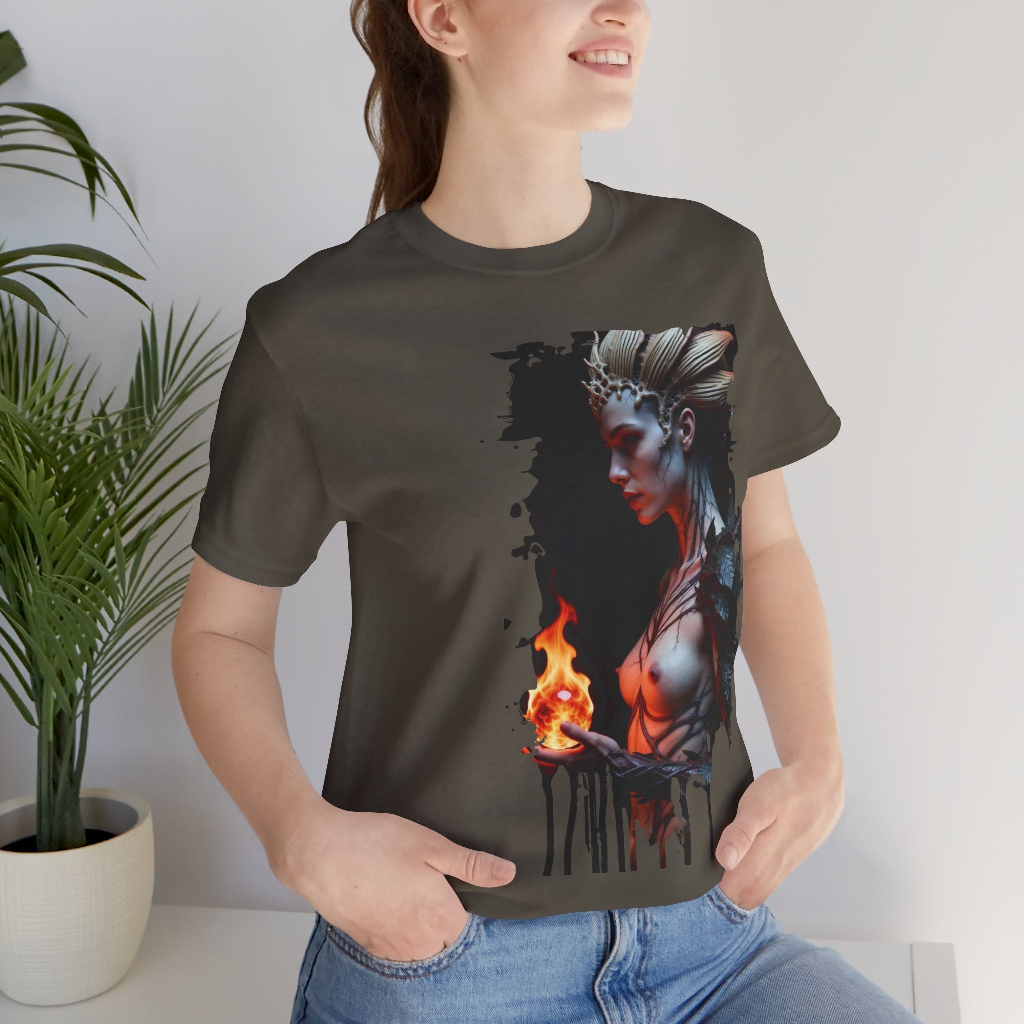 Mythic Fire Goddess T‑Shirt — Fantasy Portrait Tee with Flaming Orb - Alexia Ashford Side Face
