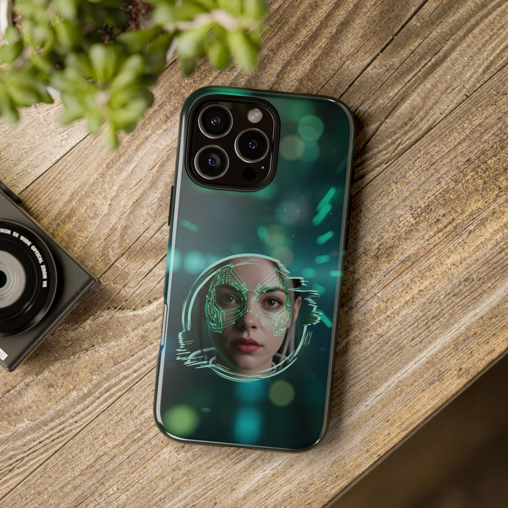Cyberpunk Portrait Phone Case — Futuristic Neon Tech Face Design Tough Case - Green Cyborg Woman