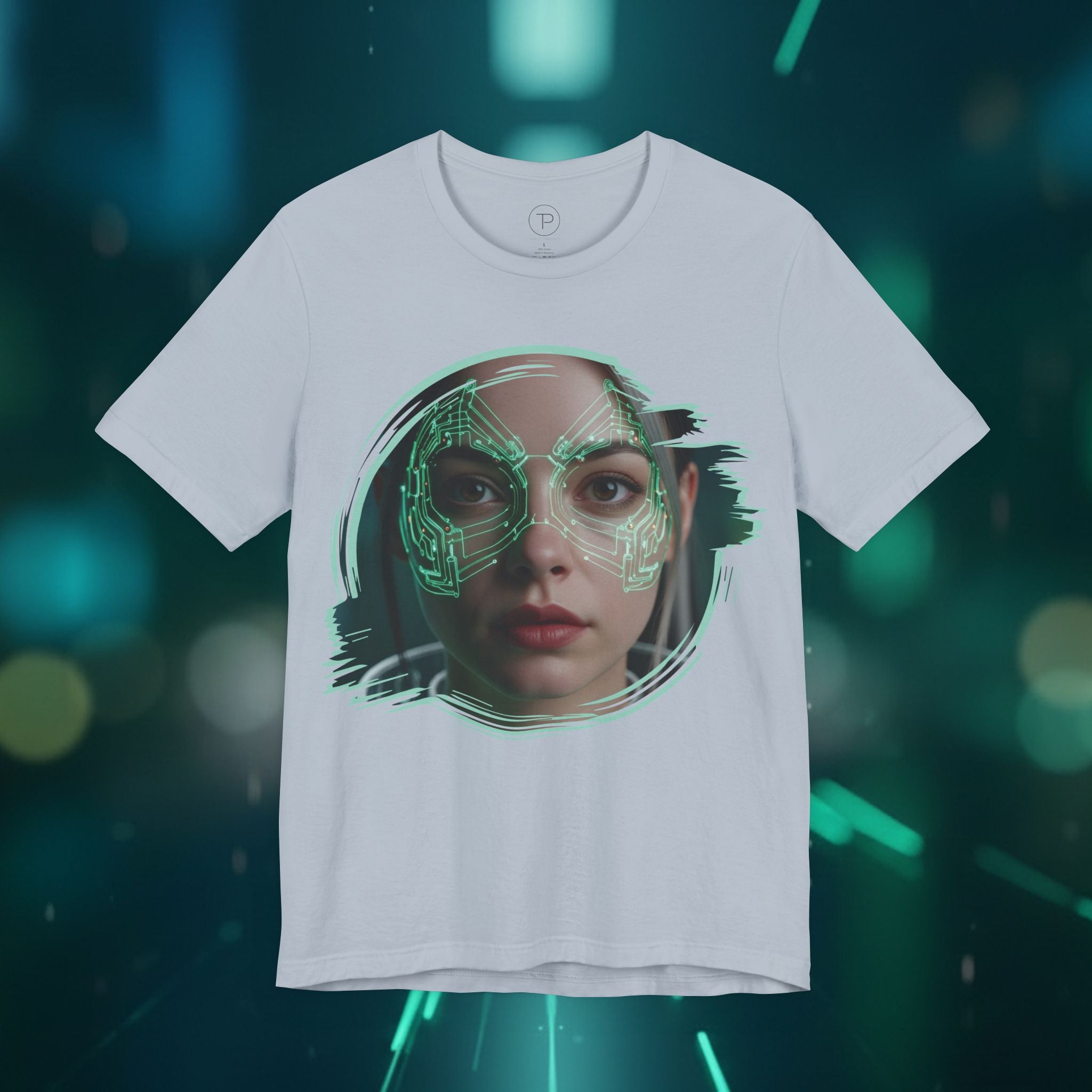 Cybernetic Portrait Tee — Futuristic Neon Circuit Face Graphic Shirt - Green Cyborg Woman