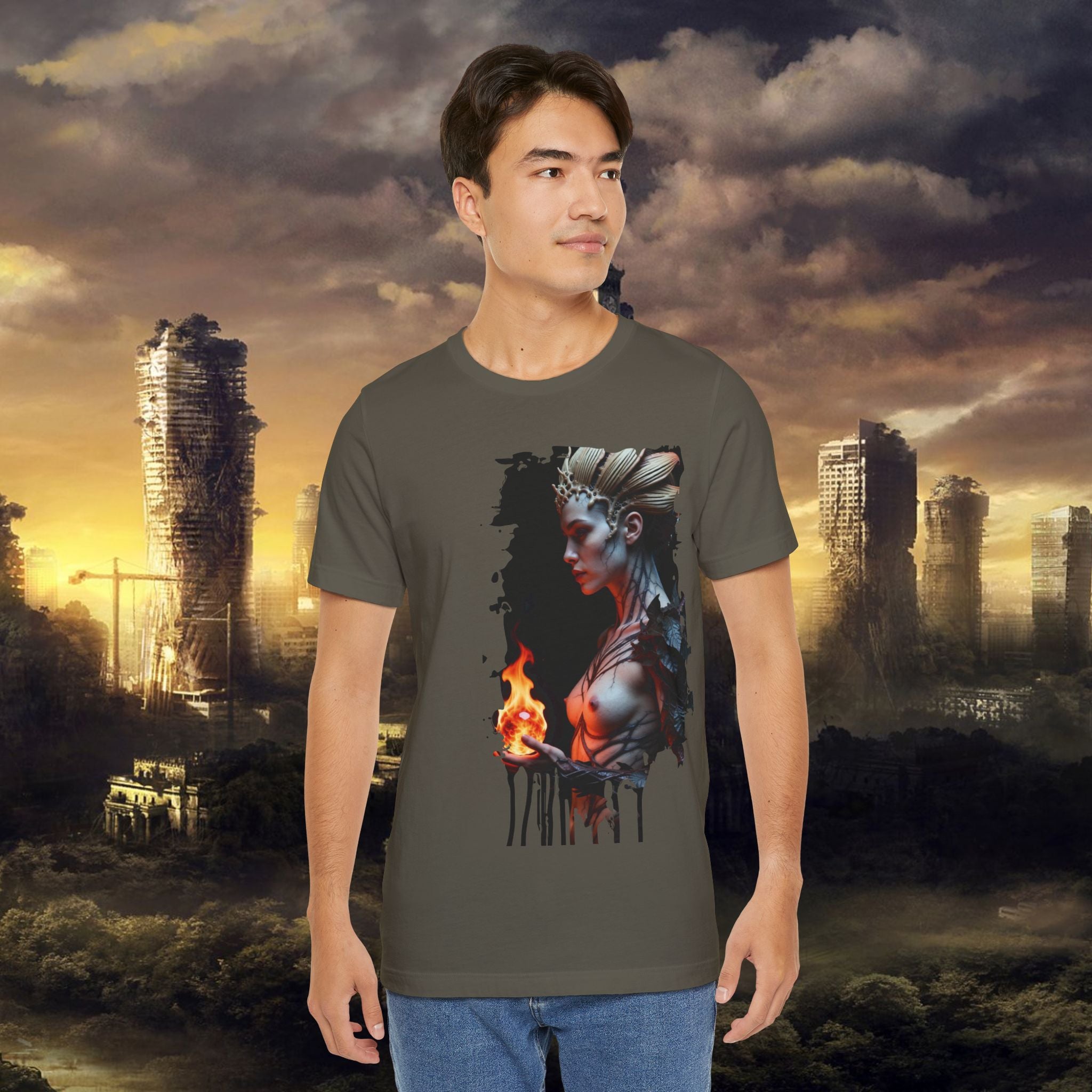 Mythic Fire Goddess T‑Shirt — Fantasy Portrait Tee with Flaming Orb - Alexia Ashford Side Face