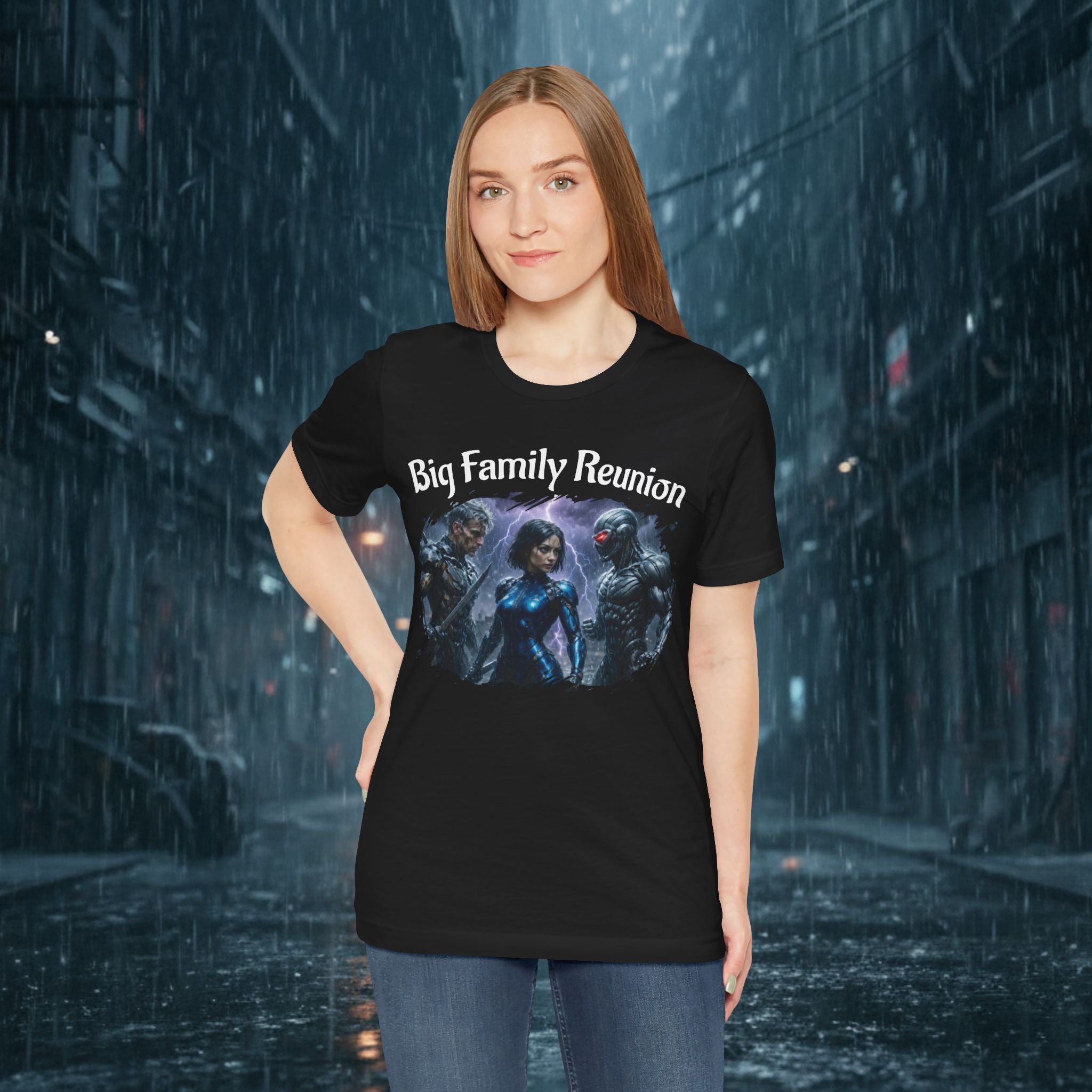 T-Shirt — "Big Family Reunion" Sci‑Fi Character Heart Graphic Tee - Battle Suits