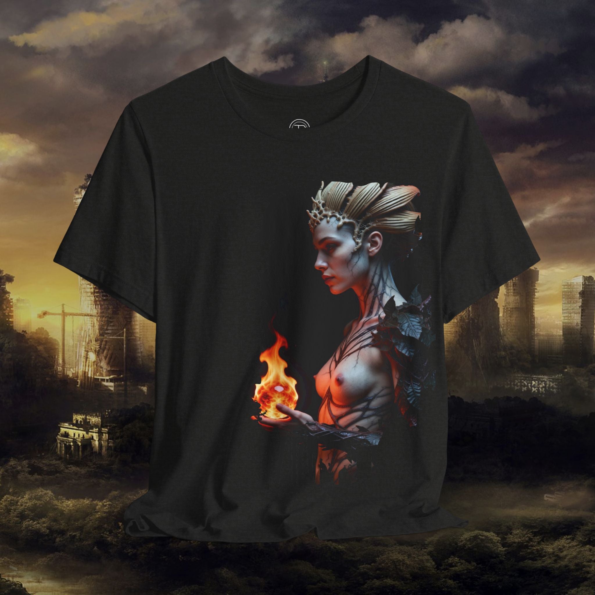 Mythic Fire Goddess T‑Shirt — Fantasy Portrait Tee with Flaming Orb - Alexia Ashford Side Face