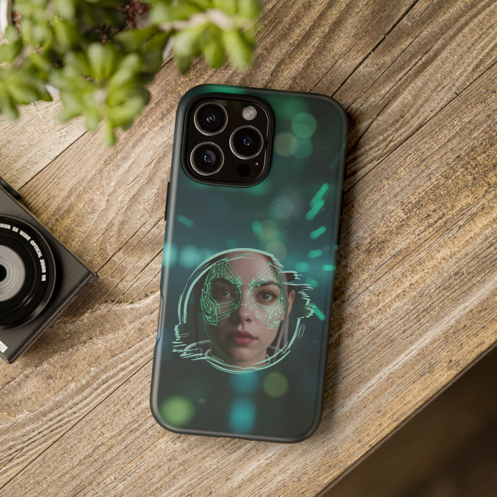 Cyberpunk Portrait Phone Case — Futuristic Neon Tech Face Design Tough Case - Green Cyborg Woman