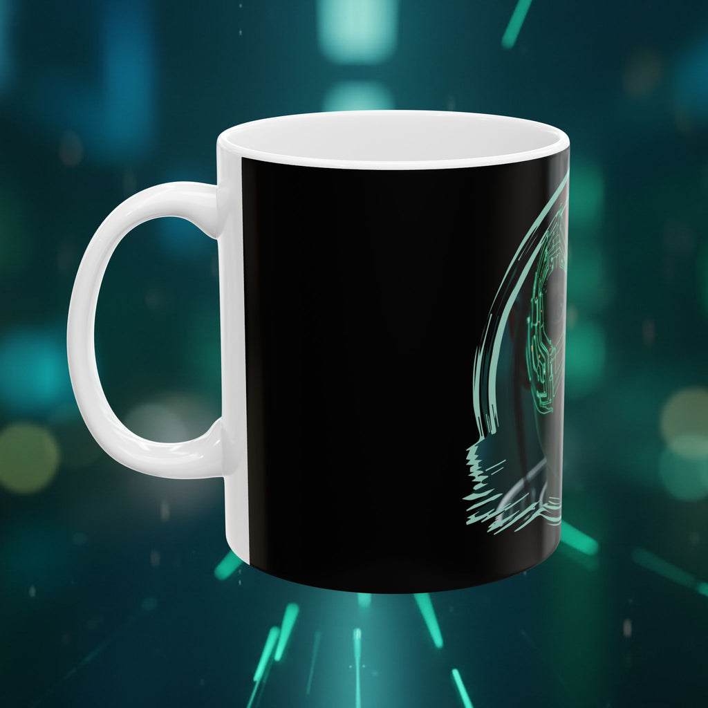 Cyberpunk Face Mask Ceramic Mug — Futuristic Portrait Coffee Cup (11oz/15oz) - Green Cyborg Woman