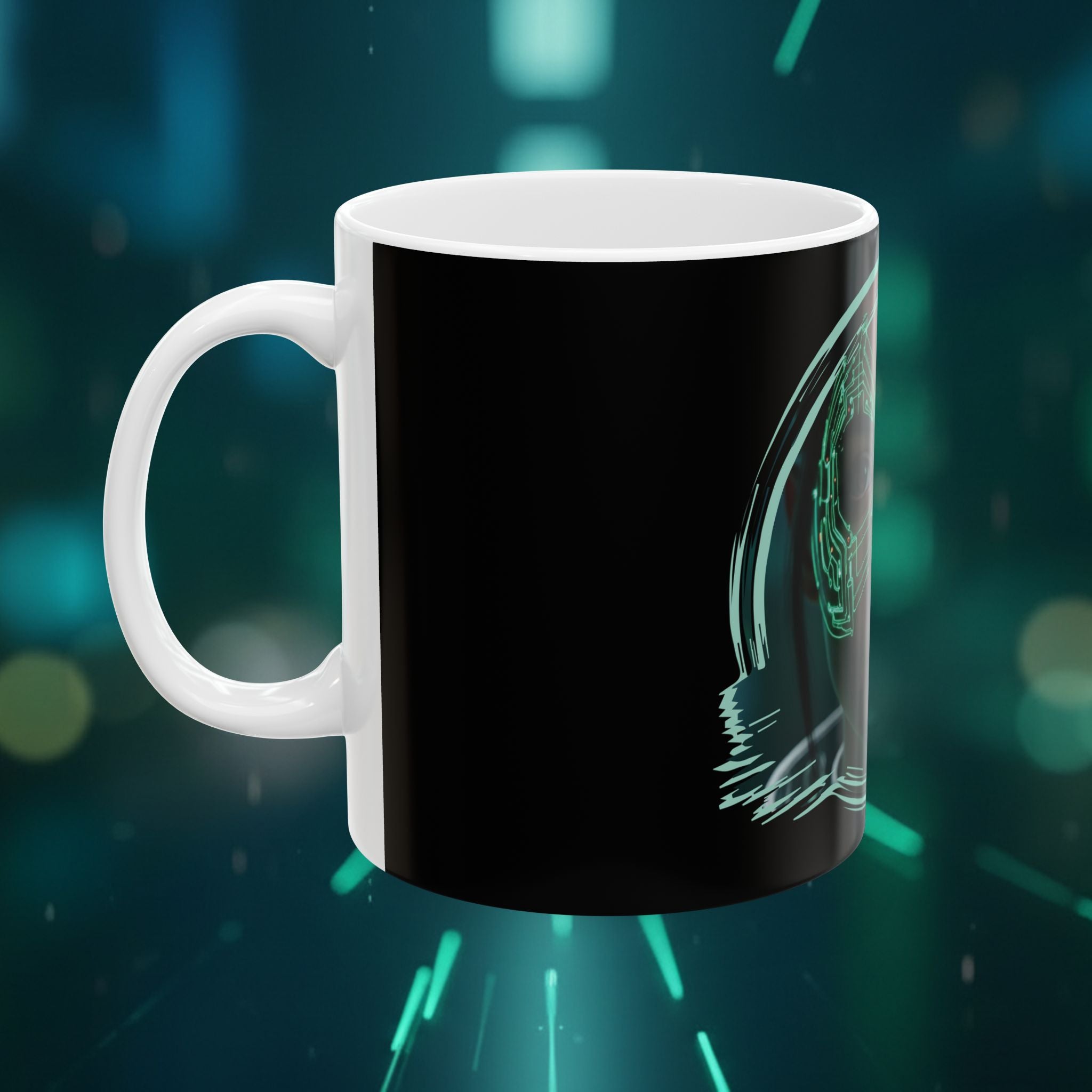 Cyberpunk Face Mask Ceramic Mug — Futuristic Portrait Coffee Cup (11oz/15oz) - Green Cyborg Woman