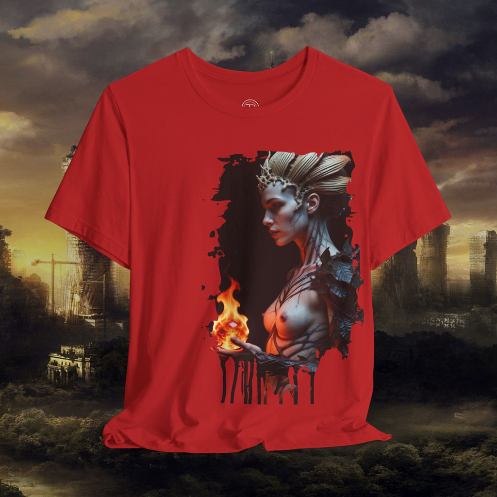 Mythic Fire Goddess T‑Shirt — Fantasy Portrait Tee with Flaming Orb - Alexia Ashford Side Face
