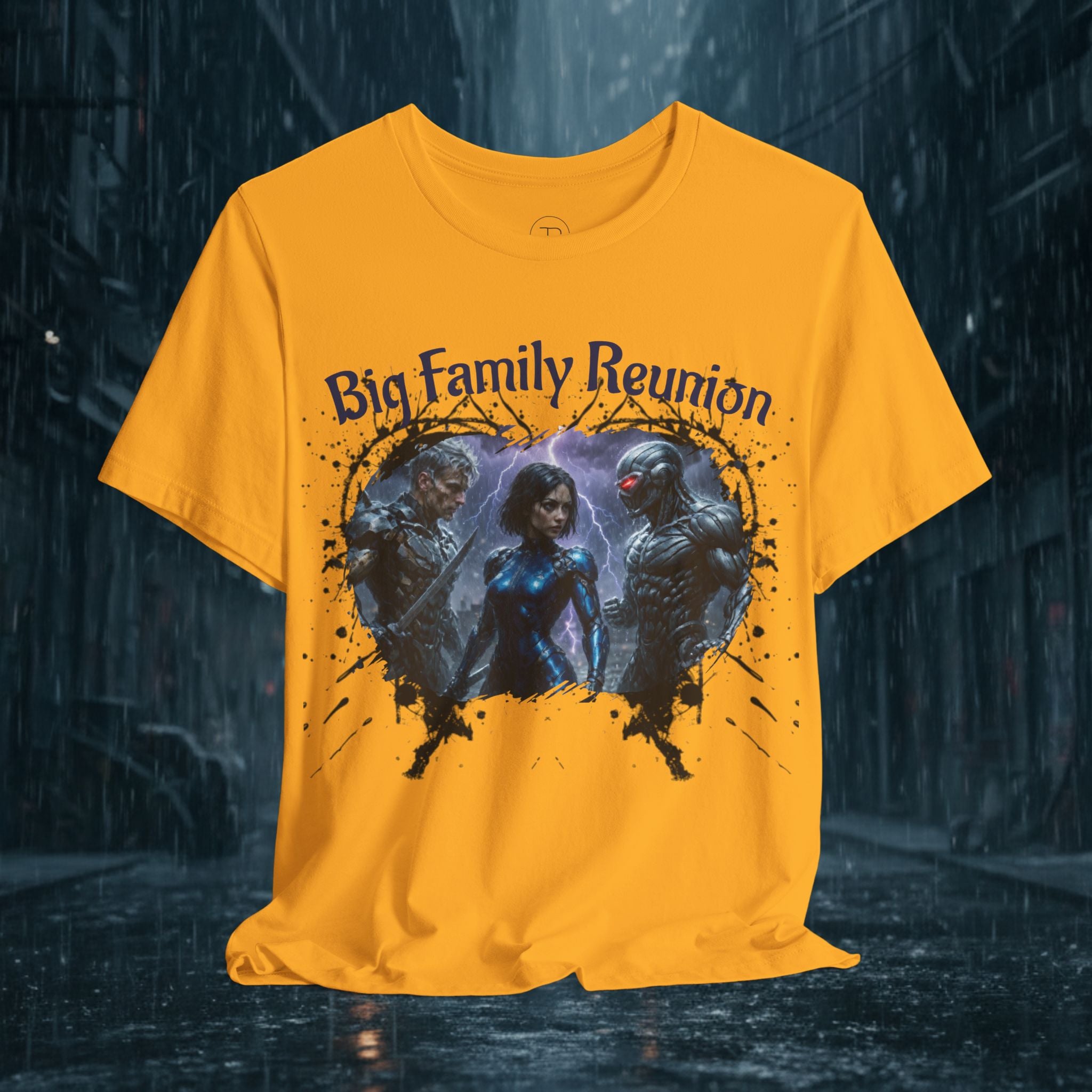 T-Shirt — "Big Family Reunion" Sci‑Fi Character Heart Graphic Tee - Battle Suits
