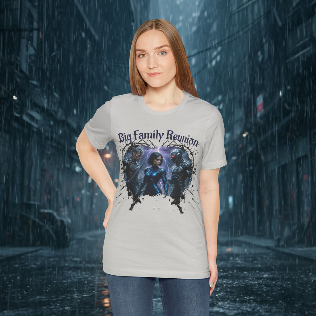 T-Shirt — "Big Family Reunion" Sci‑Fi Character Heart Graphic Tee - Battle Suits
