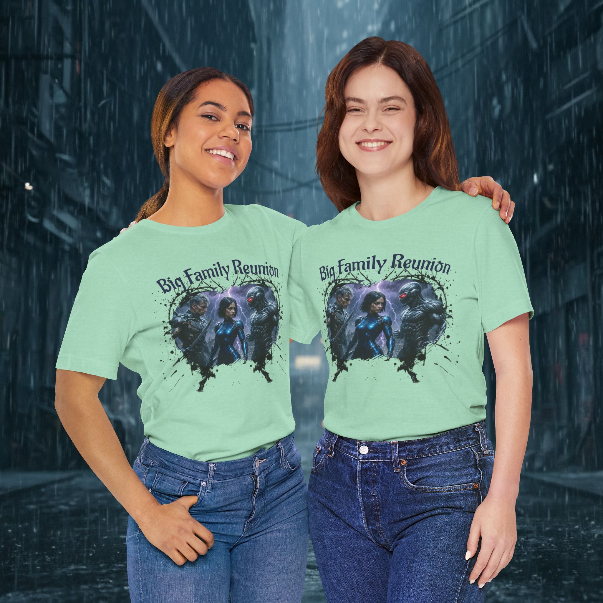 T-Shirt — "Big Family Reunion" Sci‑Fi Character Heart Graphic Tee - Battle Suits