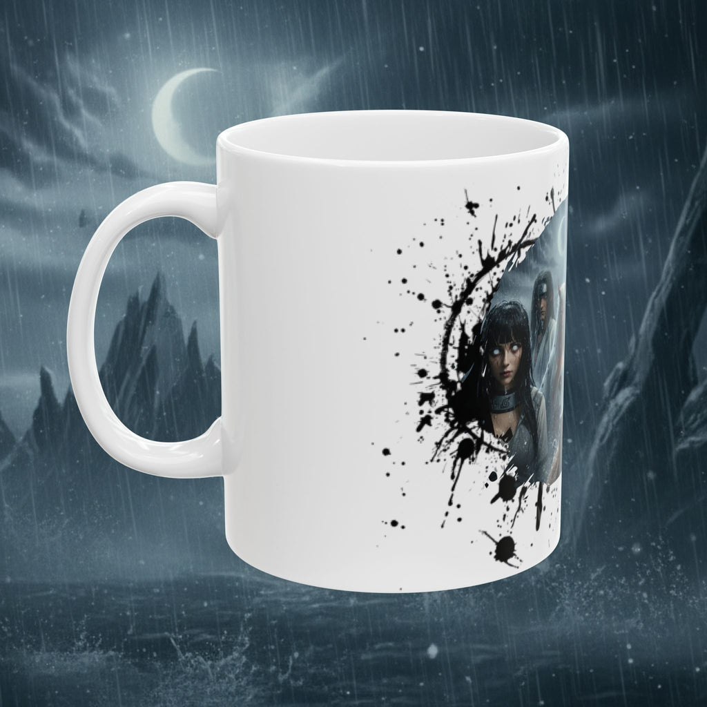 Horror Game Character Ceramic Mug — Dark Moon Night Coffee Cup (11oz/15oz) - Byakugan Family and Riddick - white