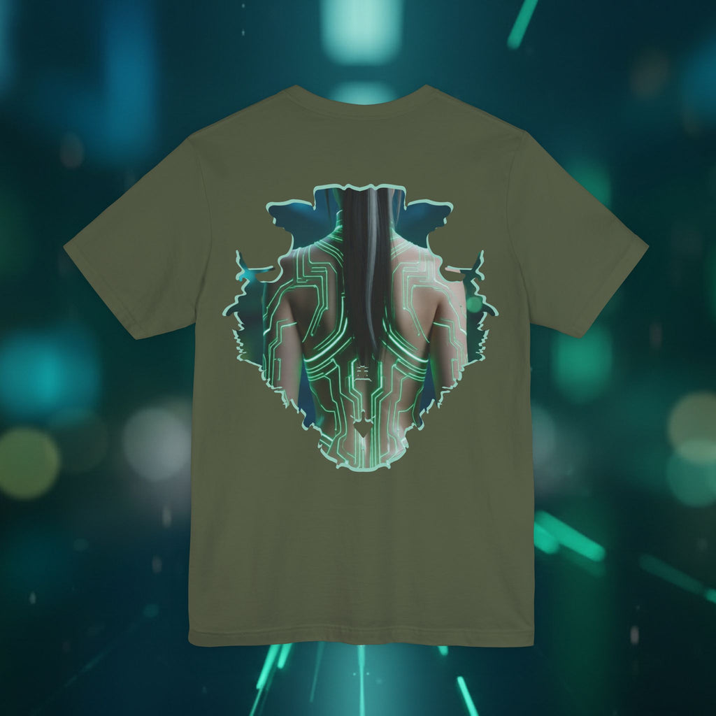 Cybernetic Portrait Tee — Futuristic Neon Circuit Face Graphic Shirt - Green Cyborg Woman
