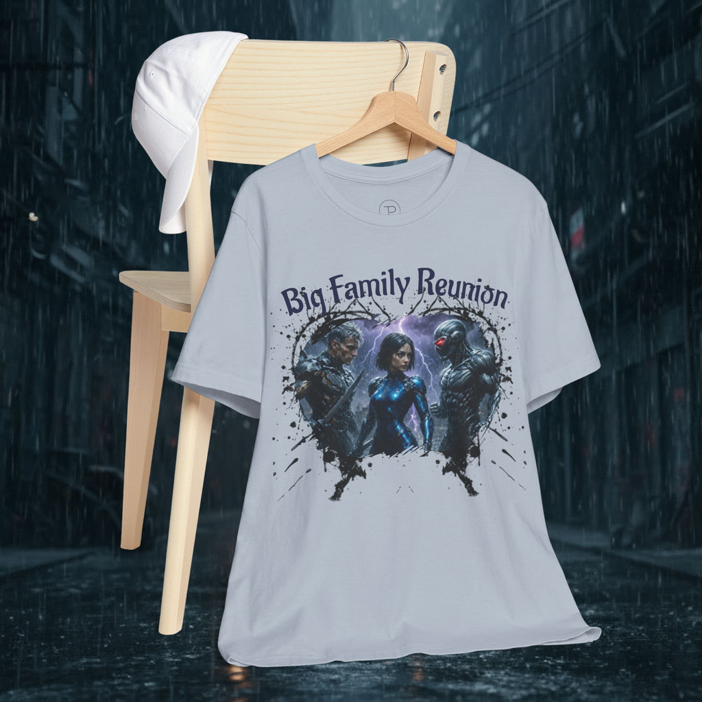 T-Shirt — "Big Family Reunion" Sci‑Fi Character Heart Graphic Tee - Battle Suits