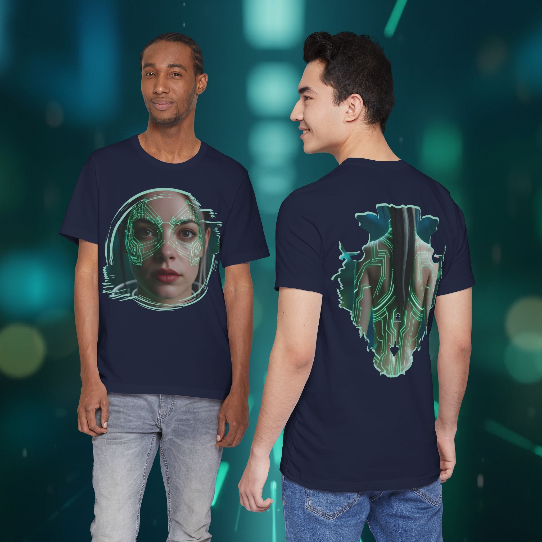 Cybernetic Portrait Tee — Futuristic Neon Circuit Face Graphic Shirt - Green Cyborg Woman