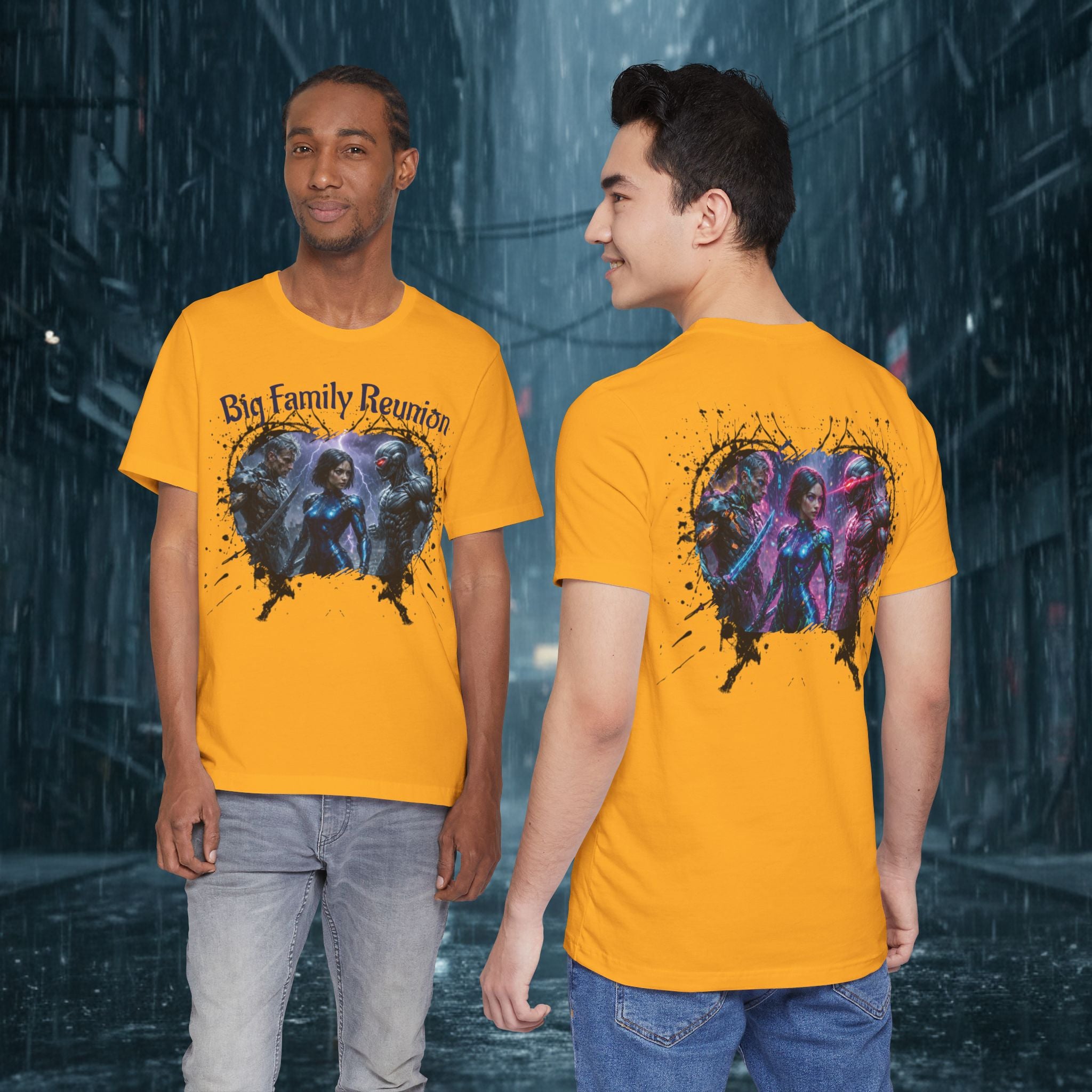 T-Shirt — "Big Family Reunion" Sci‑Fi Character Heart Graphic Tee - Battle Suits