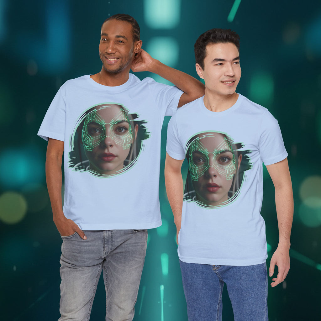 Cybernetic Portrait Tee — Futuristic Neon Circuit Face Graphic Shirt - Green Cyborg Woman