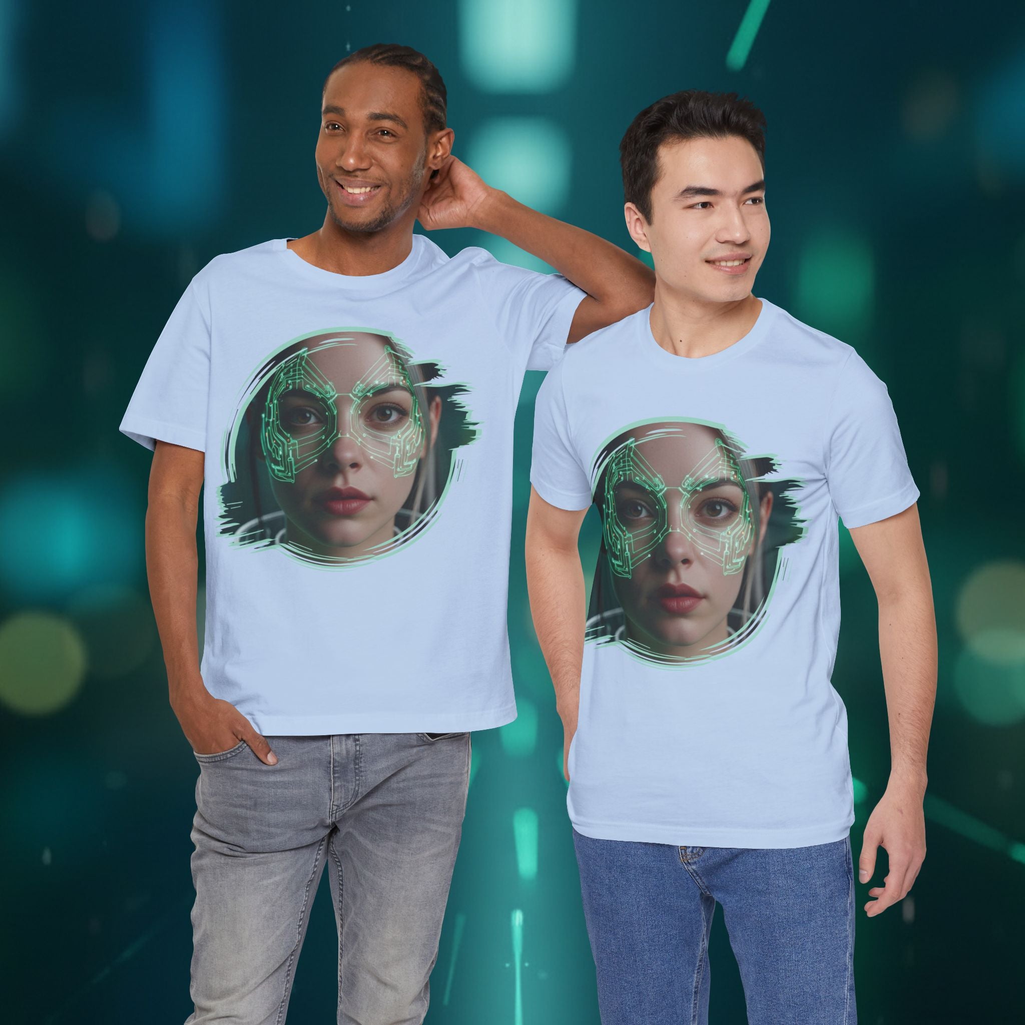 Cybernetic Portrait Tee — Futuristic Neon Circuit Face Graphic Shirt - Green Cyborg Woman