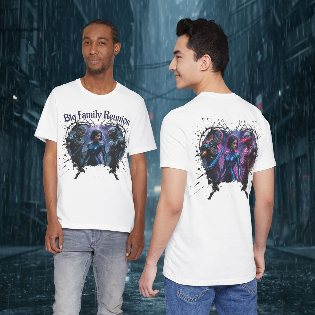 T-Shirt — "Big Family Reunion" Sci‑Fi Character Heart Graphic Tee - Battle Suits