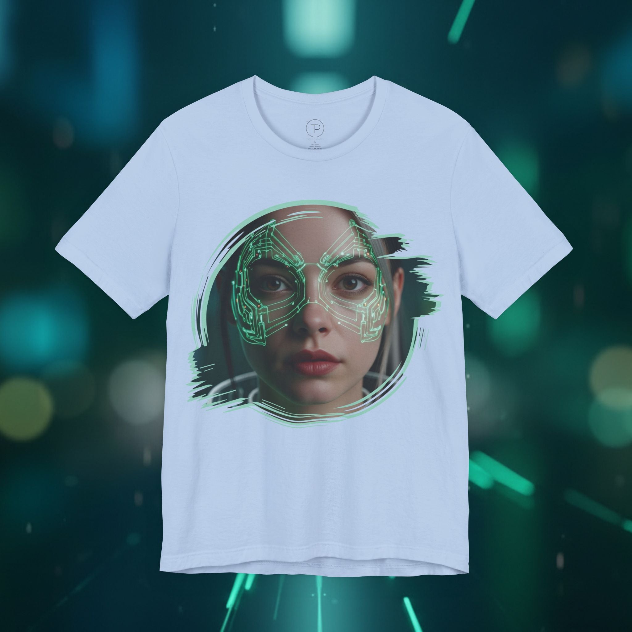 Cybernetic Portrait Tee — Futuristic Neon Circuit Face Graphic Shirt - Green Cyborg Woman