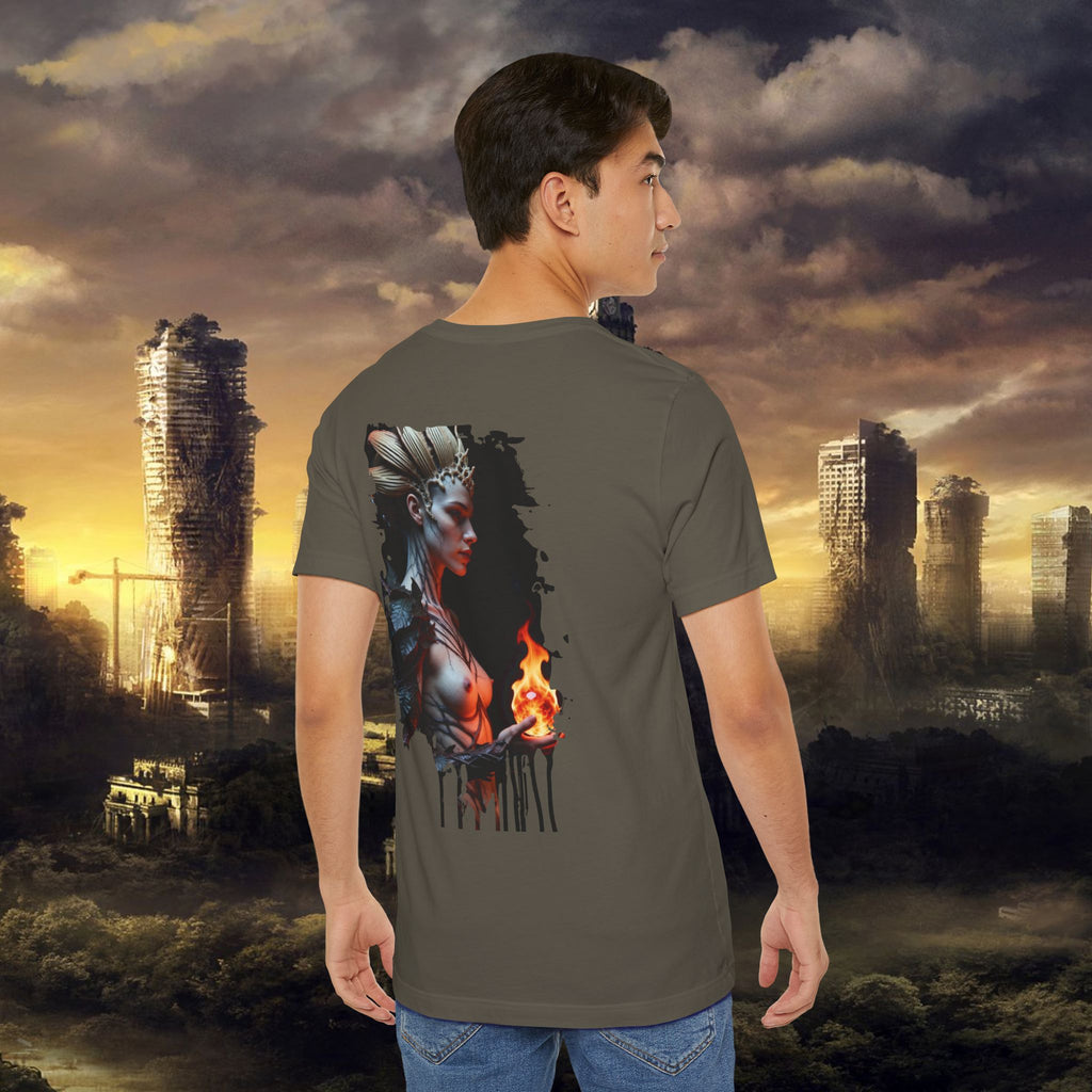 Mythic Fire Goddess T‑Shirt — Fantasy Portrait Tee with Flaming Orb - Alexia Ashford Side Face