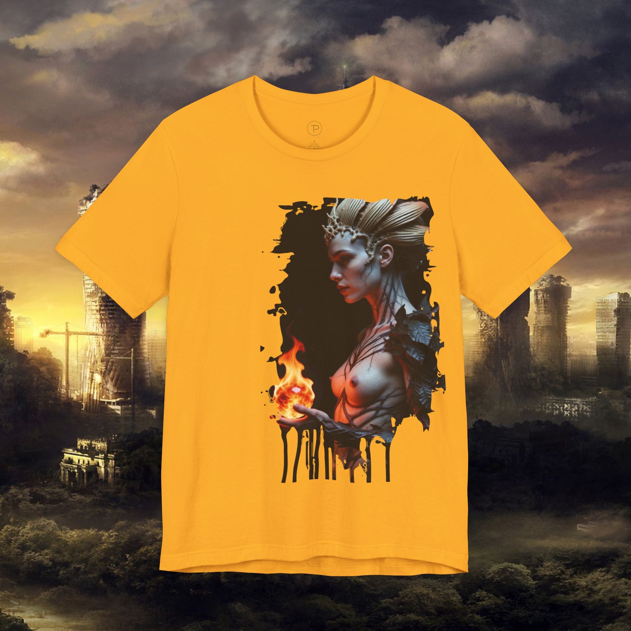Mythic Fire Goddess T‑Shirt — Fantasy Portrait Tee with Flaming Orb - Alexia Ashford Side Face