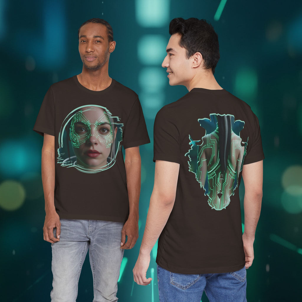Cybernetic Portrait Tee — Futuristic Neon Circuit Face Graphic Shirt - Green Cyborg Woman
