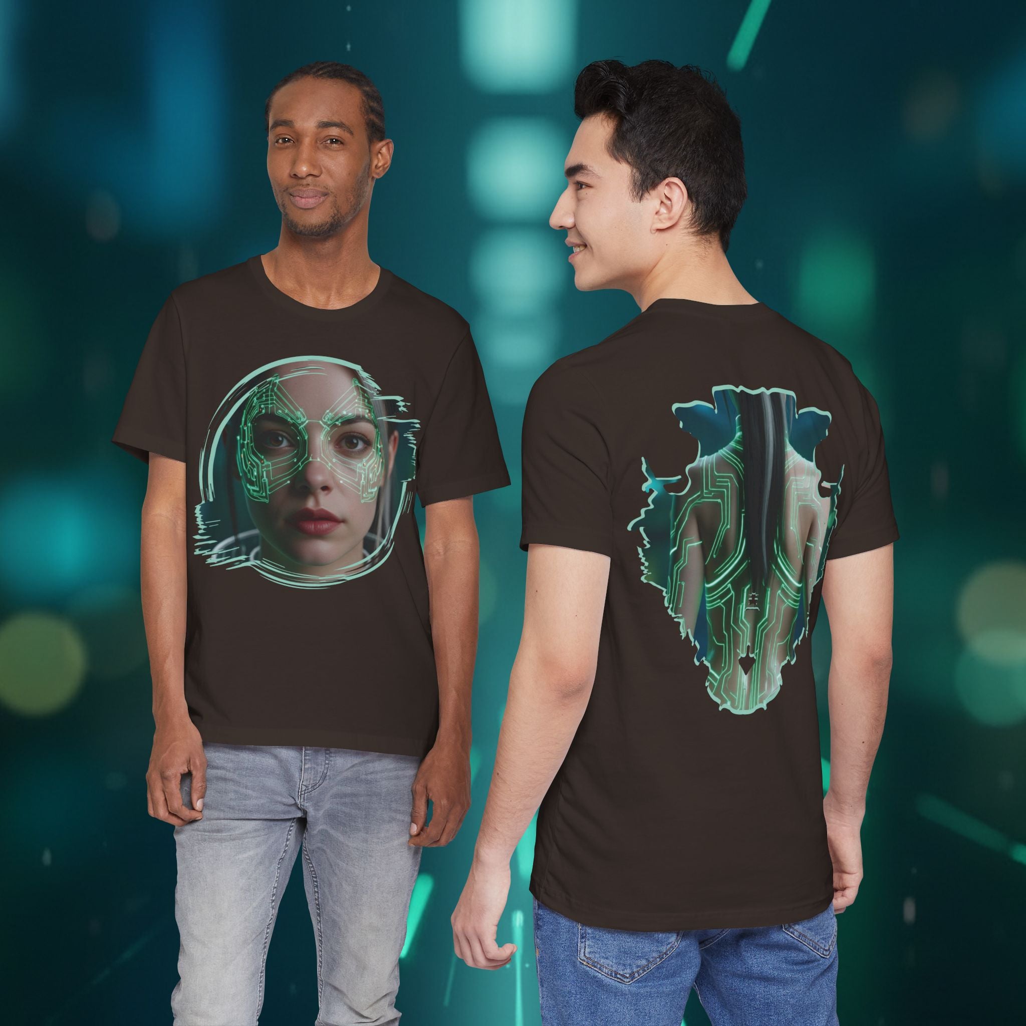Cybernetic Portrait Tee — Futuristic Neon Circuit Face Graphic Shirt - Green Cyborg Woman