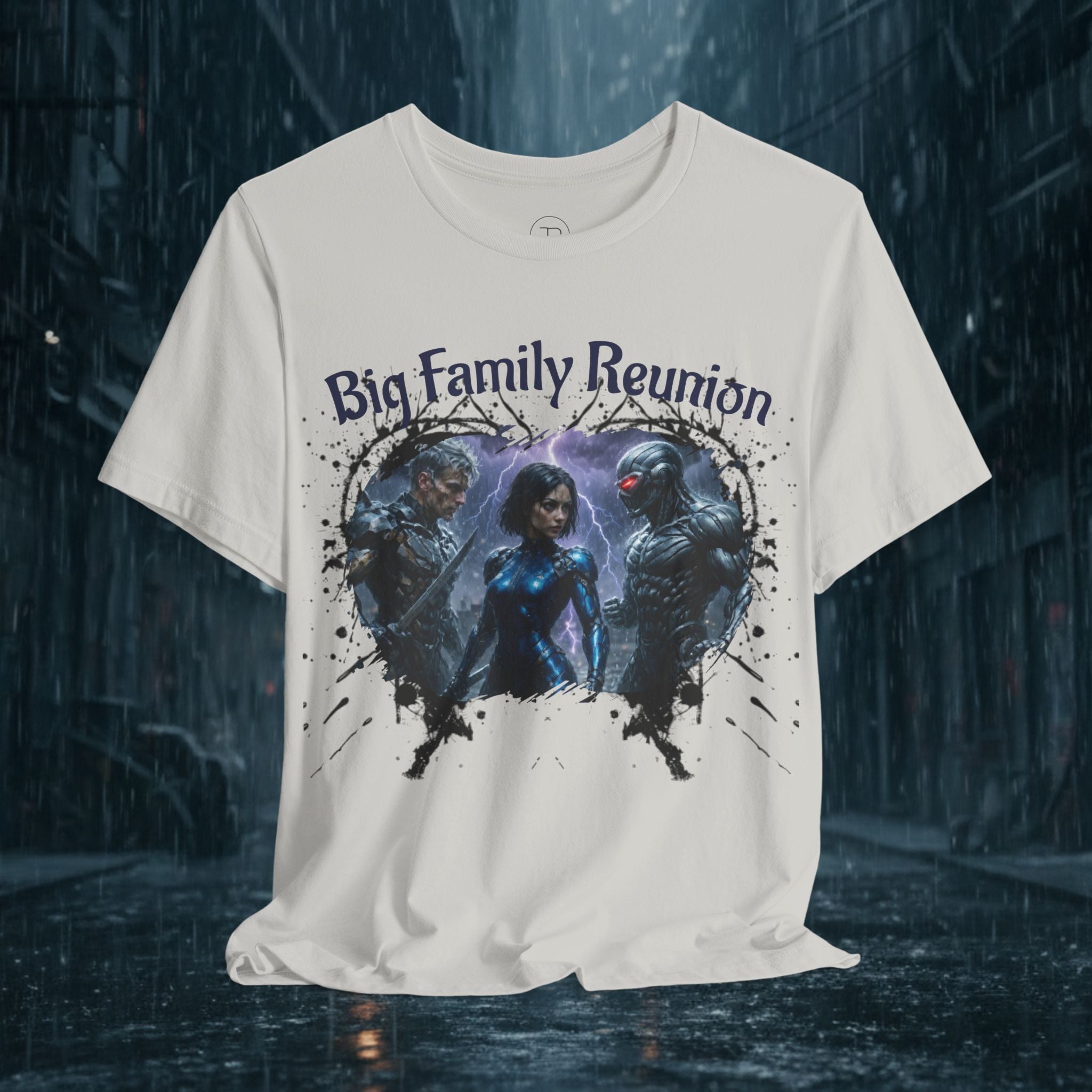T-Shirt — "Big Family Reunion" Sci‑Fi Character Heart Graphic Tee - Battle Suits