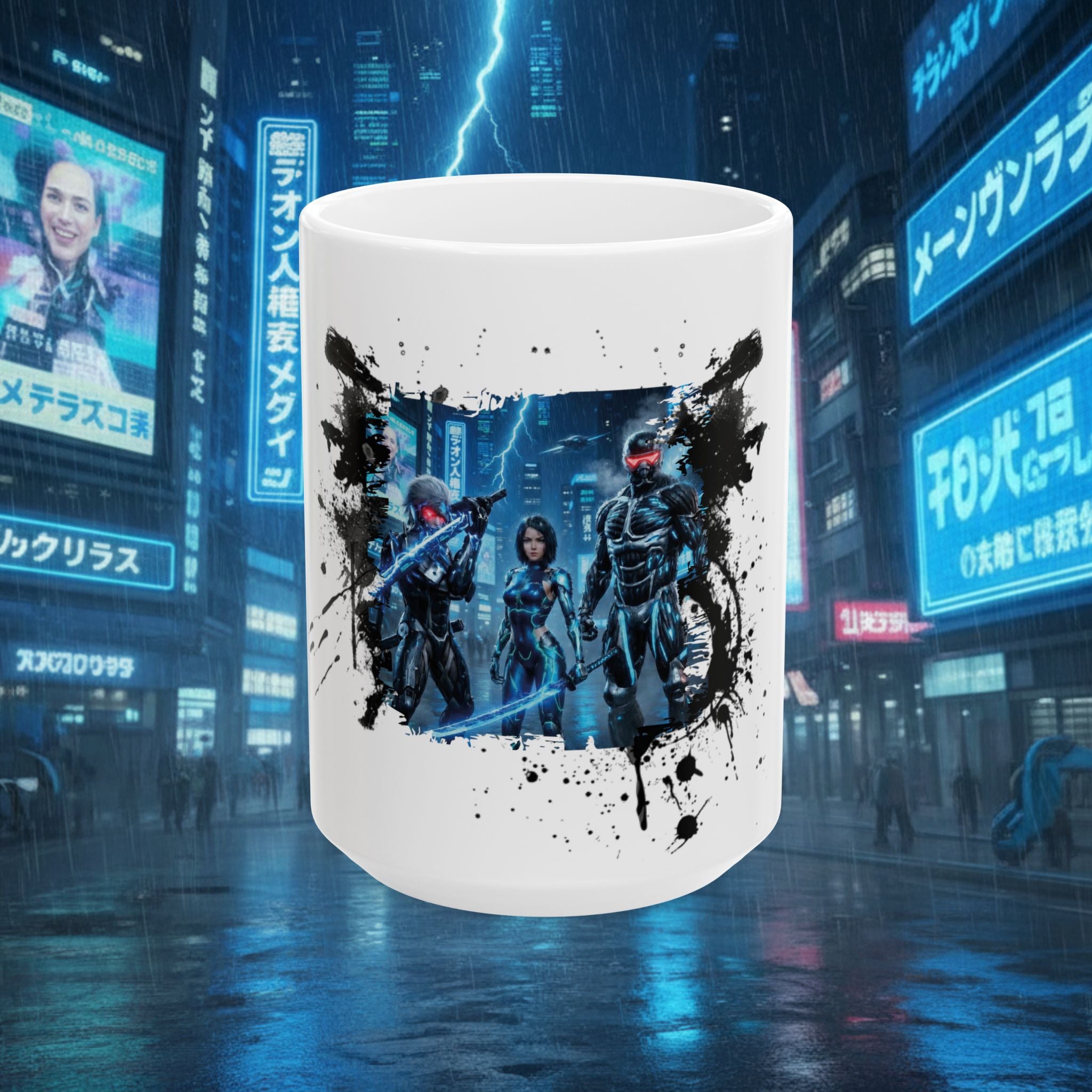 Cyberpunk Squad Ceramic Mug — Futuristic City Night Coffee Cup (11oz/15oz) - Battle Suits