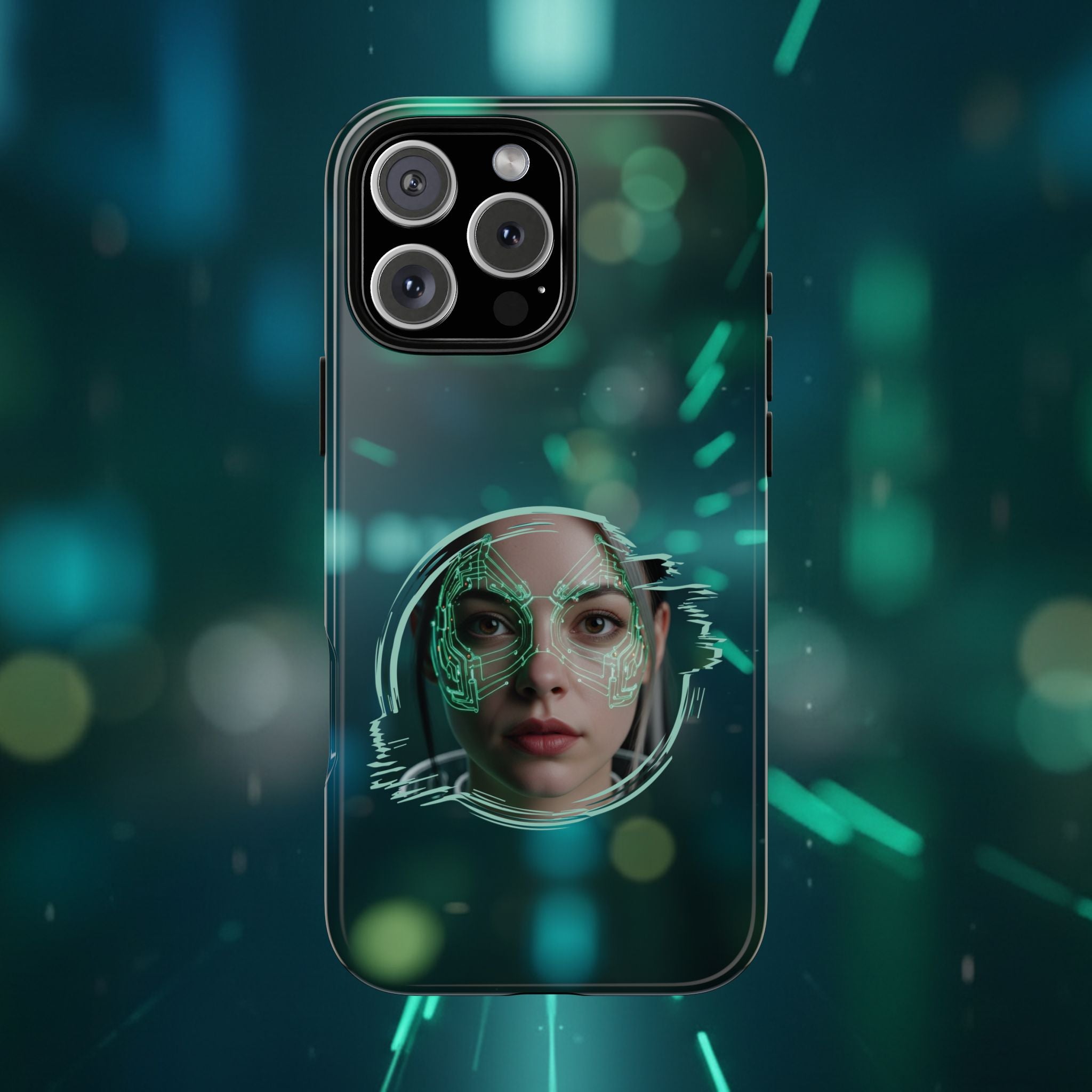 Cyberpunk Portrait Phone Case — Futuristic Neon Tech Face Design Tough Case - Green Cyborg Woman