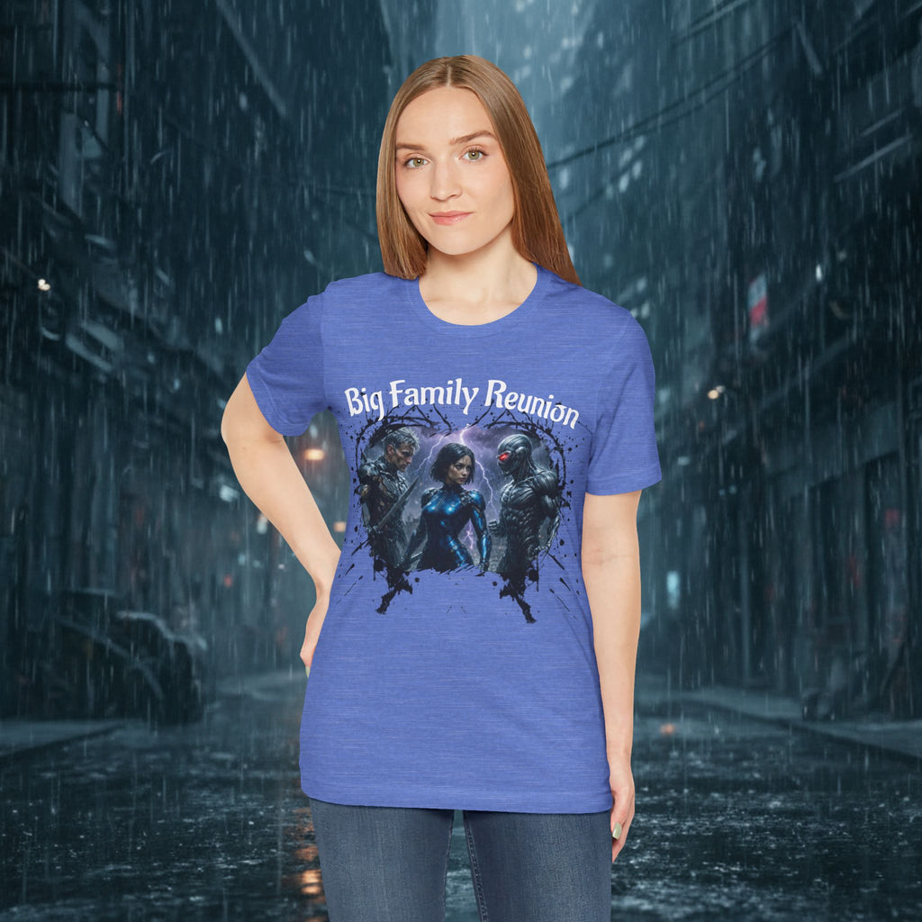 T-Shirt — "Big Family Reunion" Sci‑Fi Character Heart Graphic Tee - Battle Suits