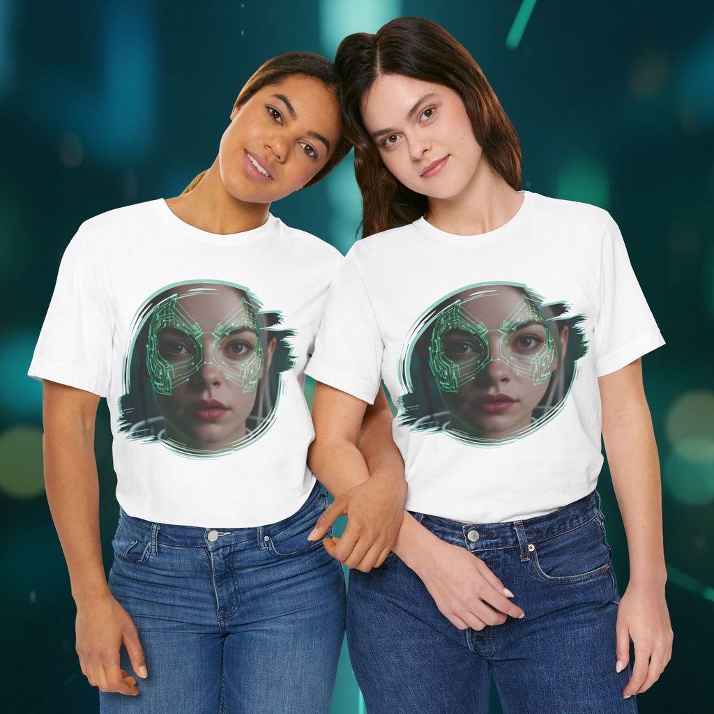 Cybernetic Portrait Tee — Futuristic Neon Circuit Face Graphic Shirt - Green Cyborg Woman