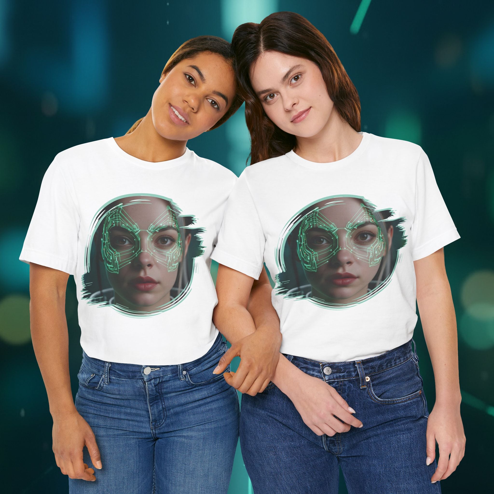 Cybernetic Portrait Tee — Futuristic Neon Circuit Face Graphic Shirt - Green Cyborg Woman