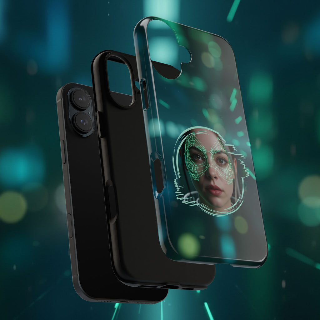 Cyberpunk Portrait Phone Case — Futuristic Neon Tech Face Design Tough Case - Green Cyborg Woman