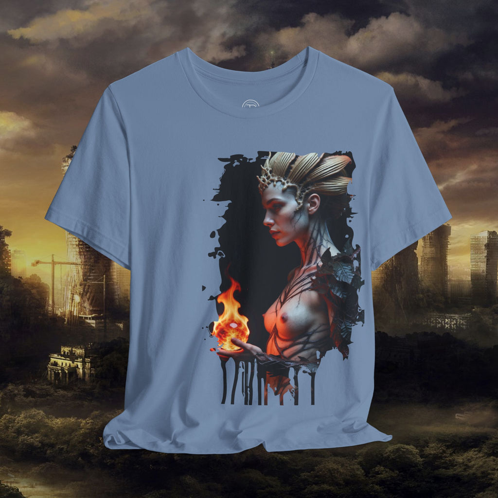 Mythic Fire Goddess T‑Shirt — Fantasy Portrait Tee with Flaming Orb - Alexia Ashford Side Face