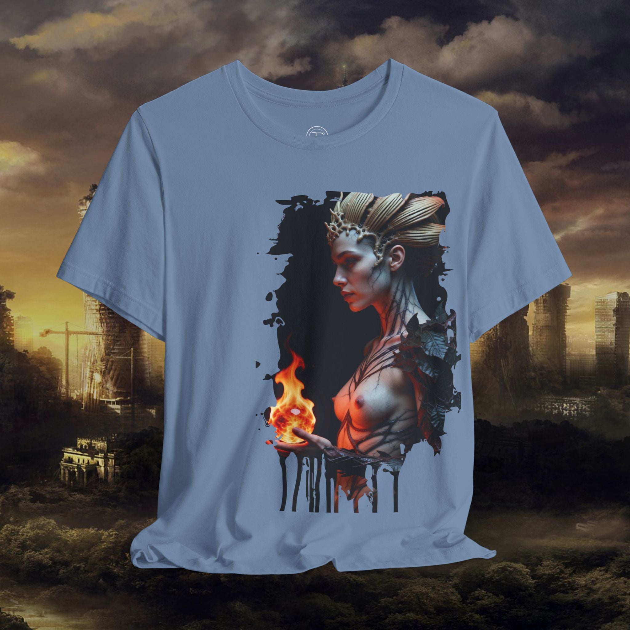 Mythic Fire Goddess T‑Shirt — Fantasy Portrait Tee with Flaming Orb - Alexia Ashford Side Face