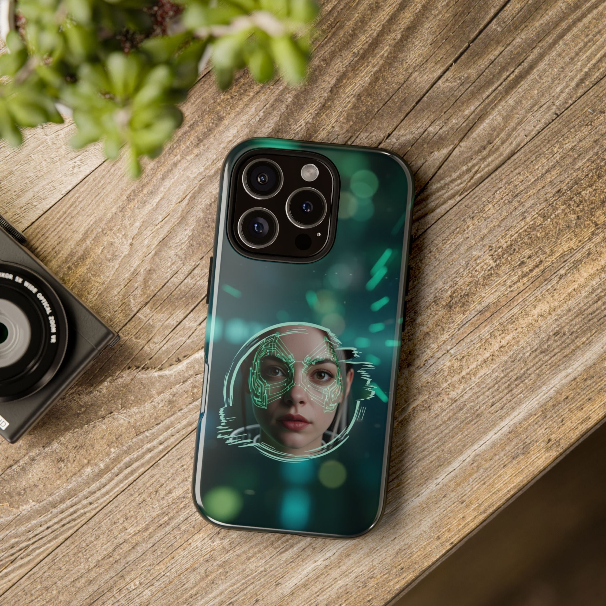 Cyberpunk Portrait Phone Case — Futuristic Neon Tech Face Design Tough Case - Green Cyborg Woman