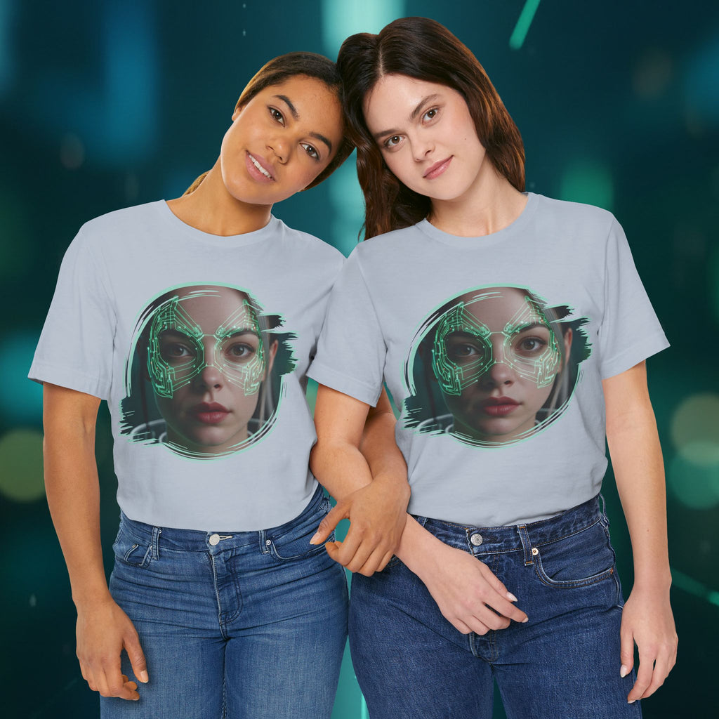 Cybernetic Portrait Tee — Futuristic Neon Circuit Face Graphic Shirt - Green Cyborg Woman