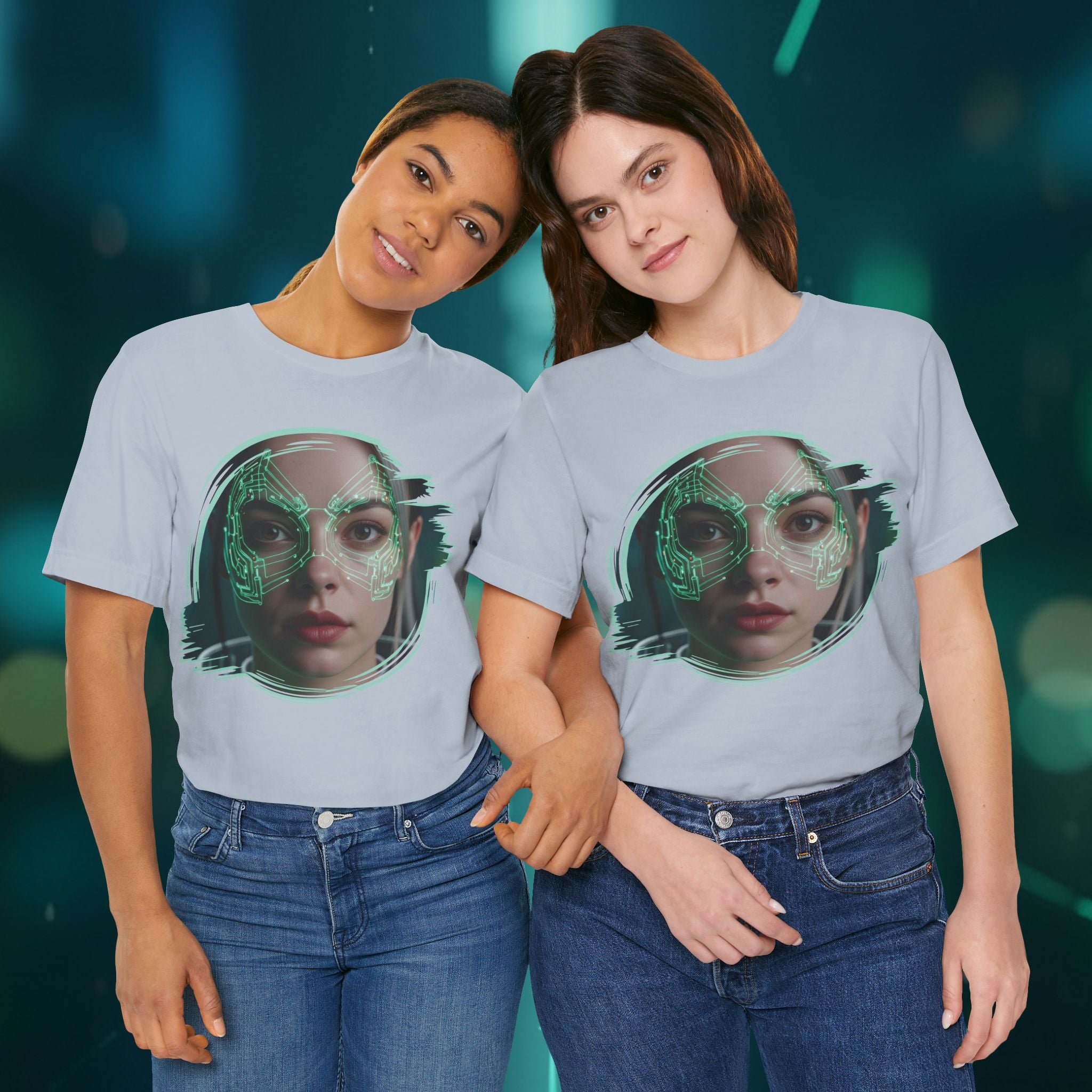 Cybernetic Portrait Tee — Futuristic Neon Circuit Face Graphic Shirt - Green Cyborg Woman
