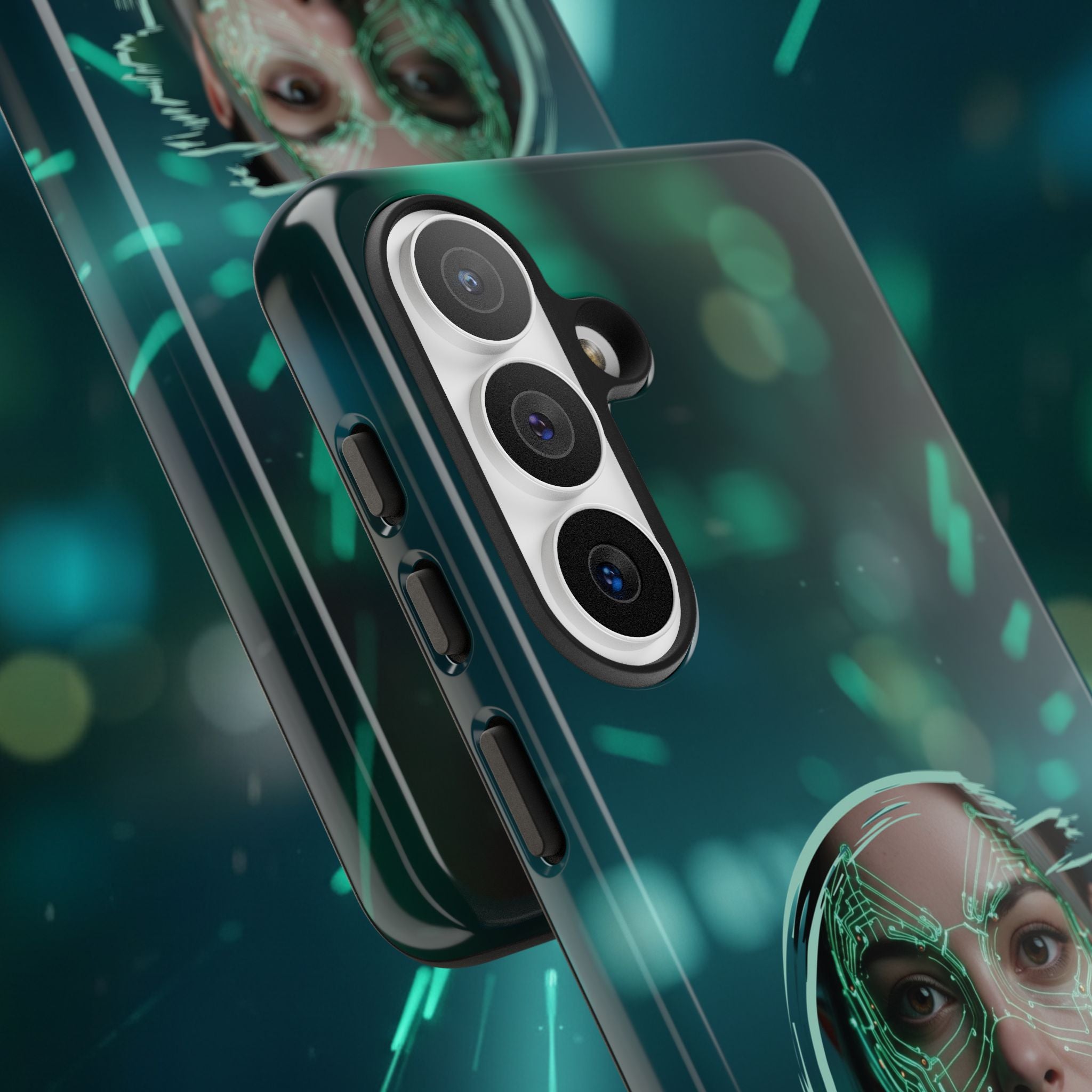 Cyberpunk Portrait Phone Case — Futuristic Neon Tech Face Design Tough Case - Green Cyborg Woman