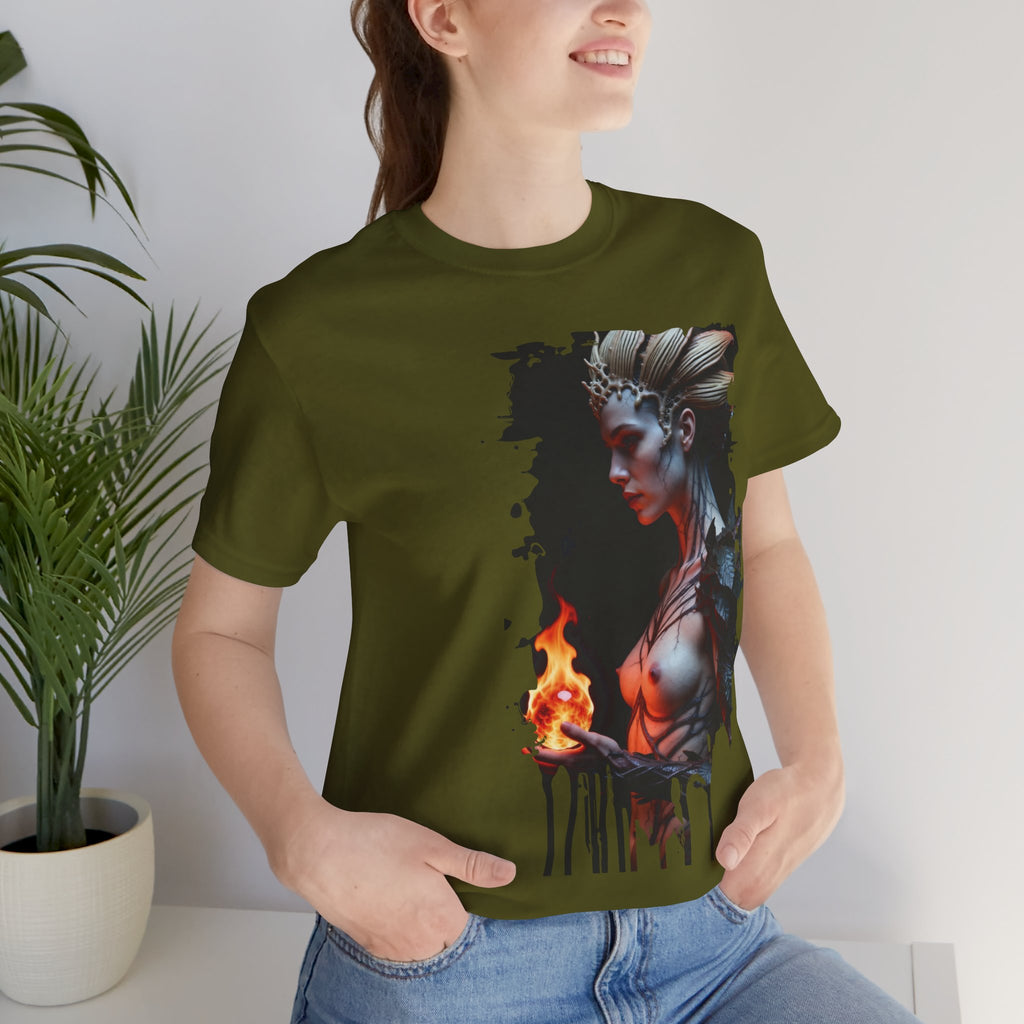 Mythic Fire Goddess T‑Shirt — Fantasy Portrait Tee with Flaming Orb - Alexia Ashford Side Face
