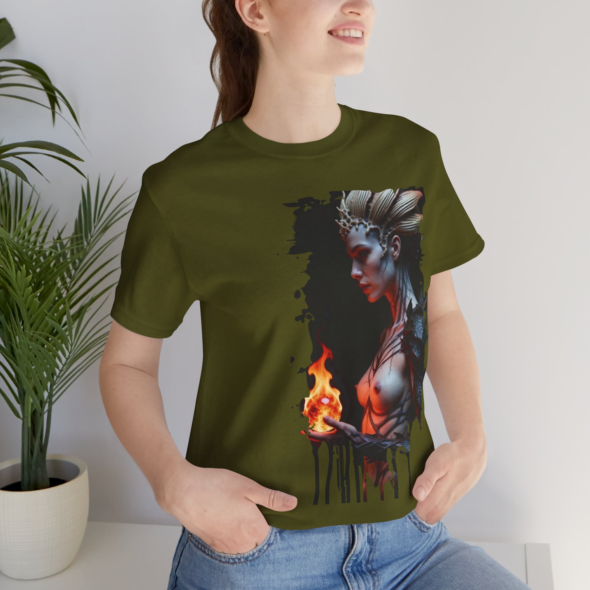 Mythic Fire Goddess T‑Shirt — Fantasy Portrait Tee with Flaming Orb - Alexia Ashford Side Face